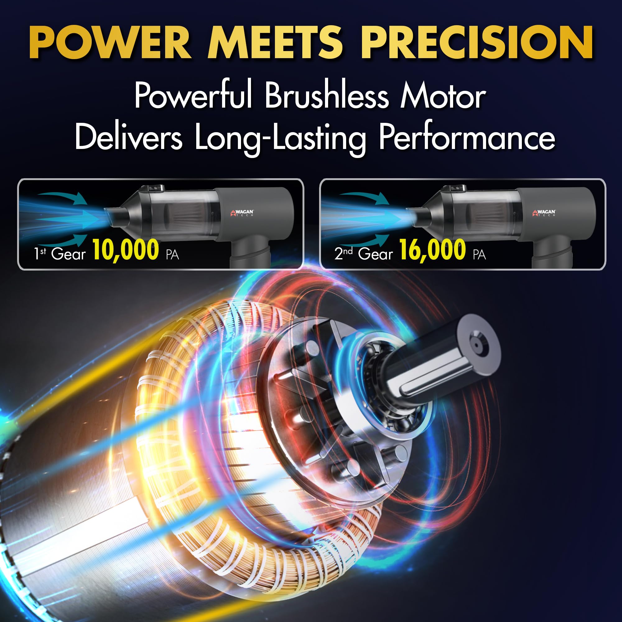 Wagan EL7209 Cordless Vacuum Car with Air Blower, Brushless Motor 16000Pa Strong Suction, Rechargeable Mini Handheld Cleaner with USB-C, Portable Dust and Blower for Car, Home, Office