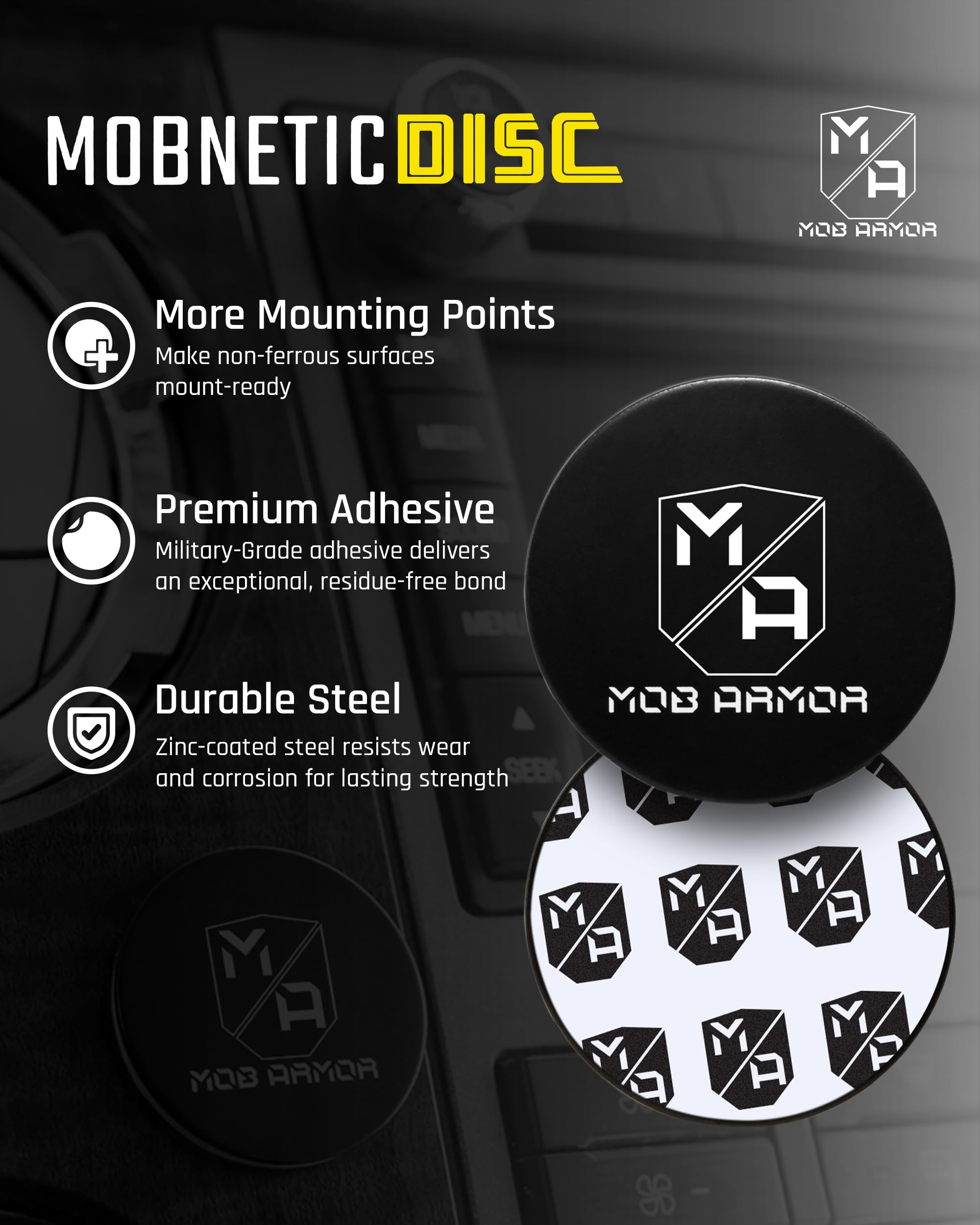 Mob Armor Phone Mount Plates Magnetic - Strong Adhesive Steel Discs for MobNetic Maxx & Mob Magnetic Car Mounts, Compatible with Phone Magnet Plates, Vehicle Accessory - Black (2 Pack)