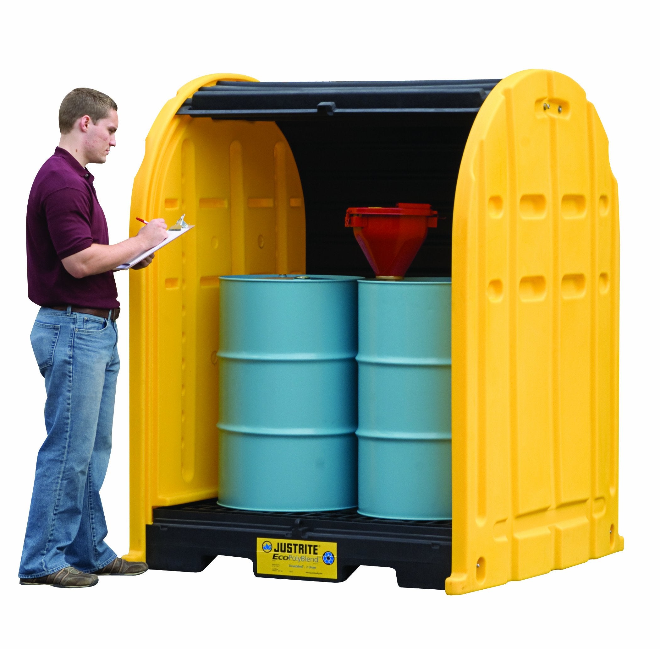 Justrite EcoPolyBlend 28675 67 Gallon, 60.75" x 58.5" x 75.25" (LXWXH), 2500 lbs Load Capacity 2 Drum Outdoor Drum Sheds