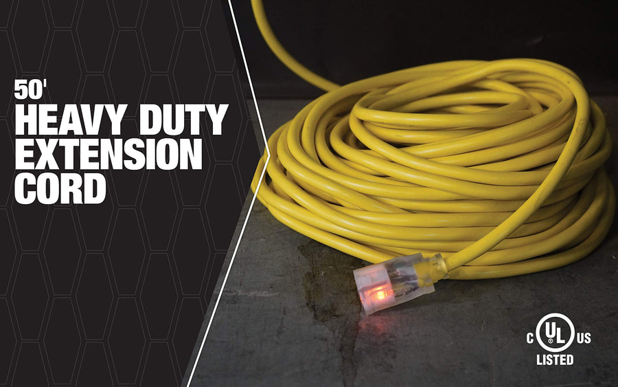 Outdoor Southwire Extension Cord – Durable Vinyl Jacket for Farm, Ranch & Workshop - Lighted End With Reinforced Blades - SJTW, Yellow - 12 Gauge, 3 Prong - 50 Feet