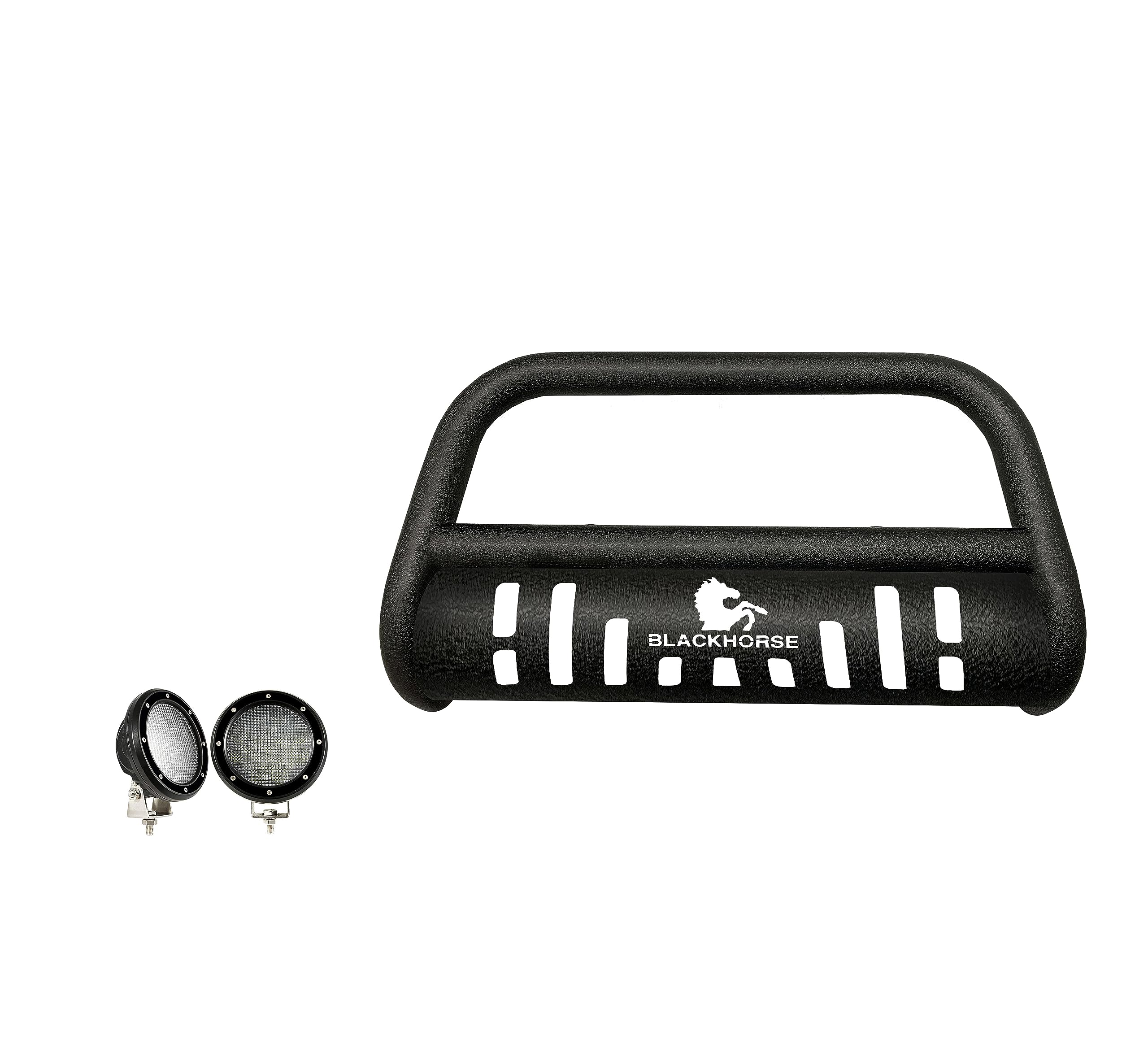 Bull Bar-T Black Horse Textured Black Come with Pair of 5.3" Dia. LED Flood Lights with Black Trim Rings Compatible with 2002-2009 Chevrolet Trailblazer|2002-2009 GMC Envoy-CBT-C305SP-PLFB