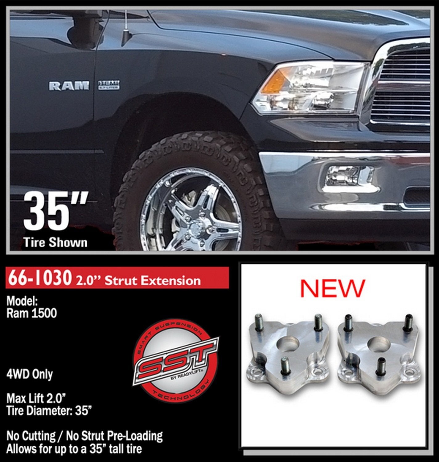 2" Readylift Leveling Kit T6 Billet - Dodge Ram 4WD 2009-2018, For Tires Up to 35"