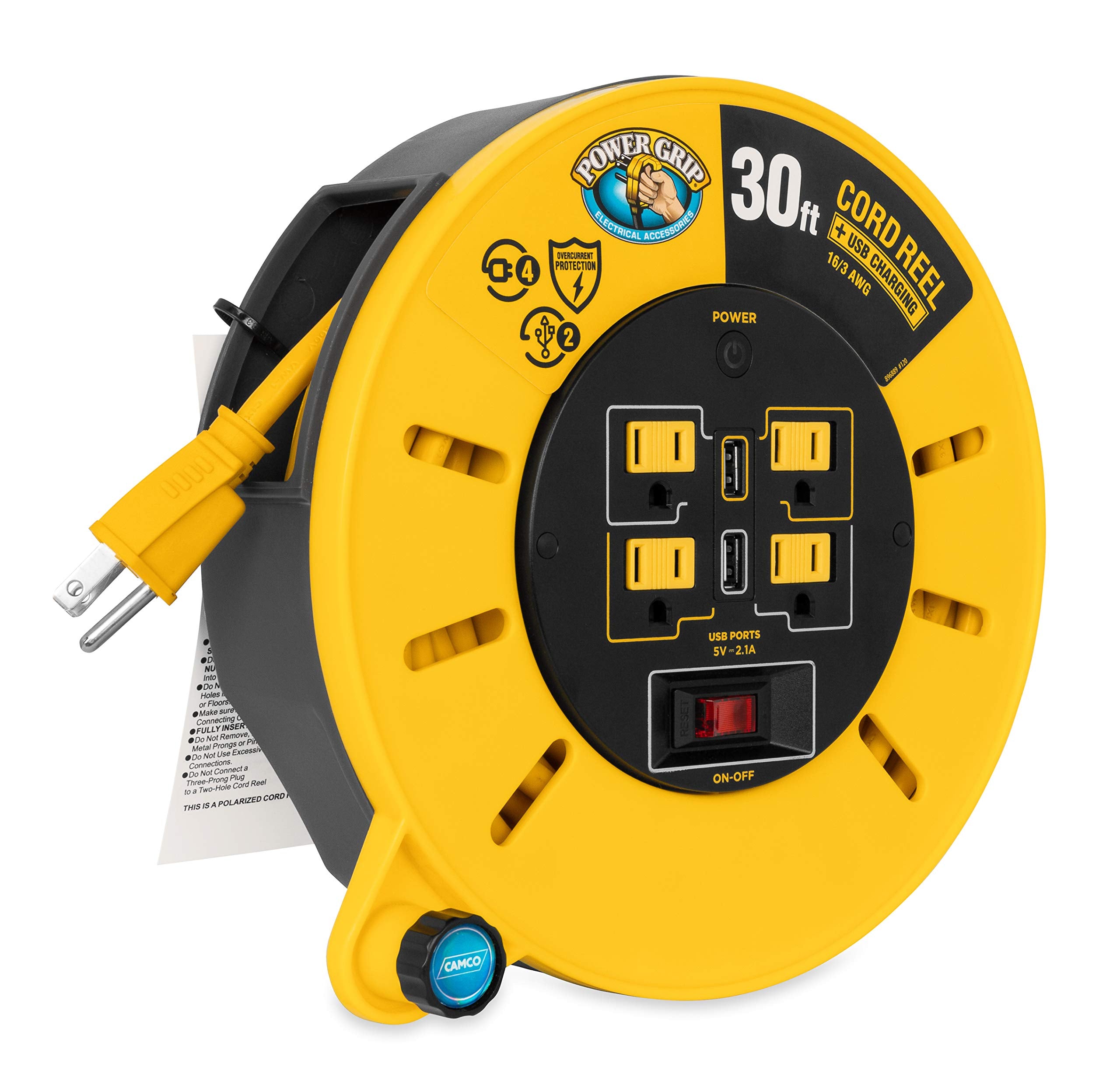 30-Ft Camco 10 Amp RV Extension Cord Reel - Rated for 125V / 1,250W - Features 4 125V Electrical Outlets & 2 USB Ports - Includes On/Off Switch & Built-in Circuit Breaker (55290)