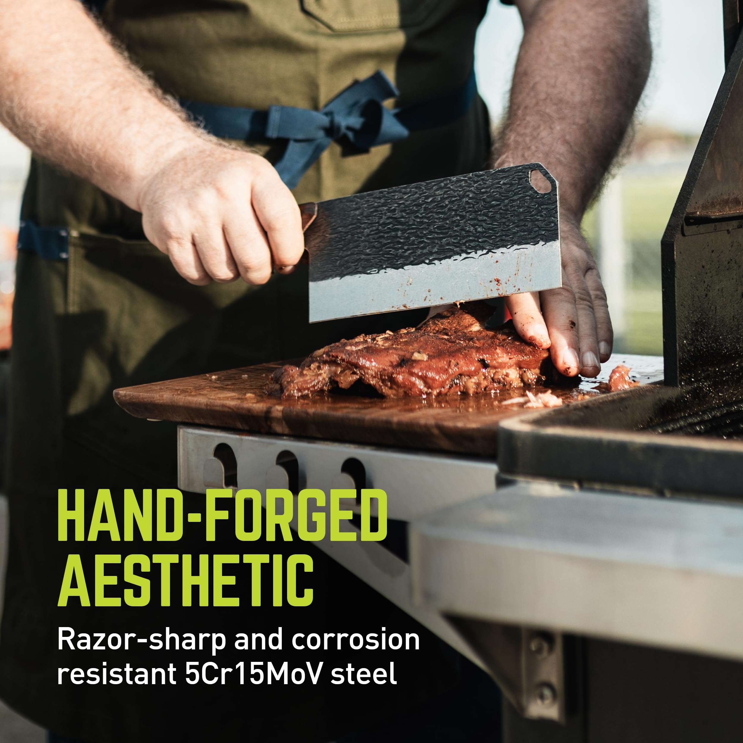 PrimalForge TRUE Cleaver Knife | Cutting Meat, Chopping Fruits & Vegetables, Home & Professional Knife, Rugged Stonewash Finish, Sharp 5Cr15MoV Stainless-Steel, Wood Handle, Hand Forged Appearance