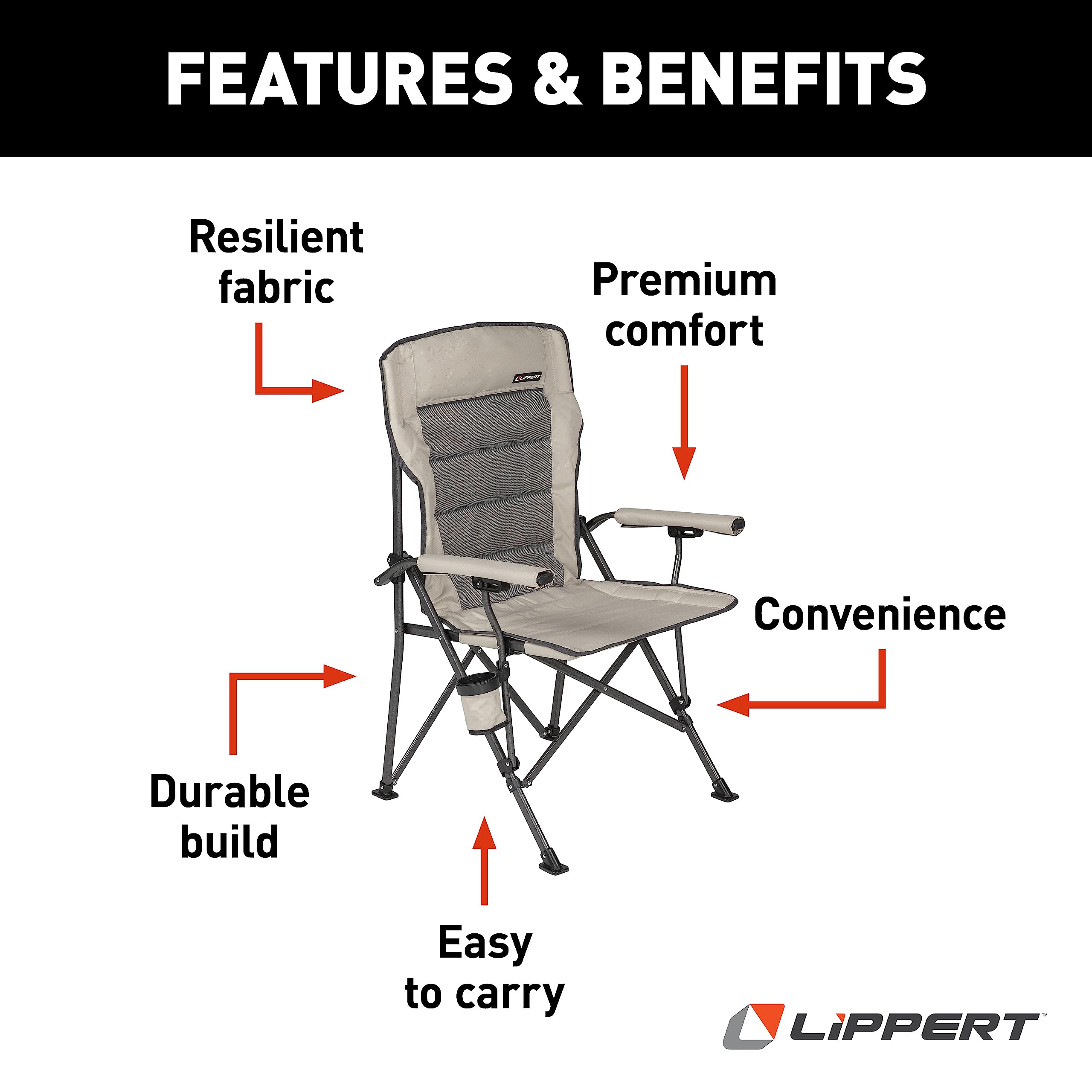Lippert Components Outdoor Scout Folding Chair for Camping, Foldable, Steel Tube Frame, 600D Polyester, UV and Water Resistant PVC Coating, 500 lb. Weight Capacity, Sand - 2021123277