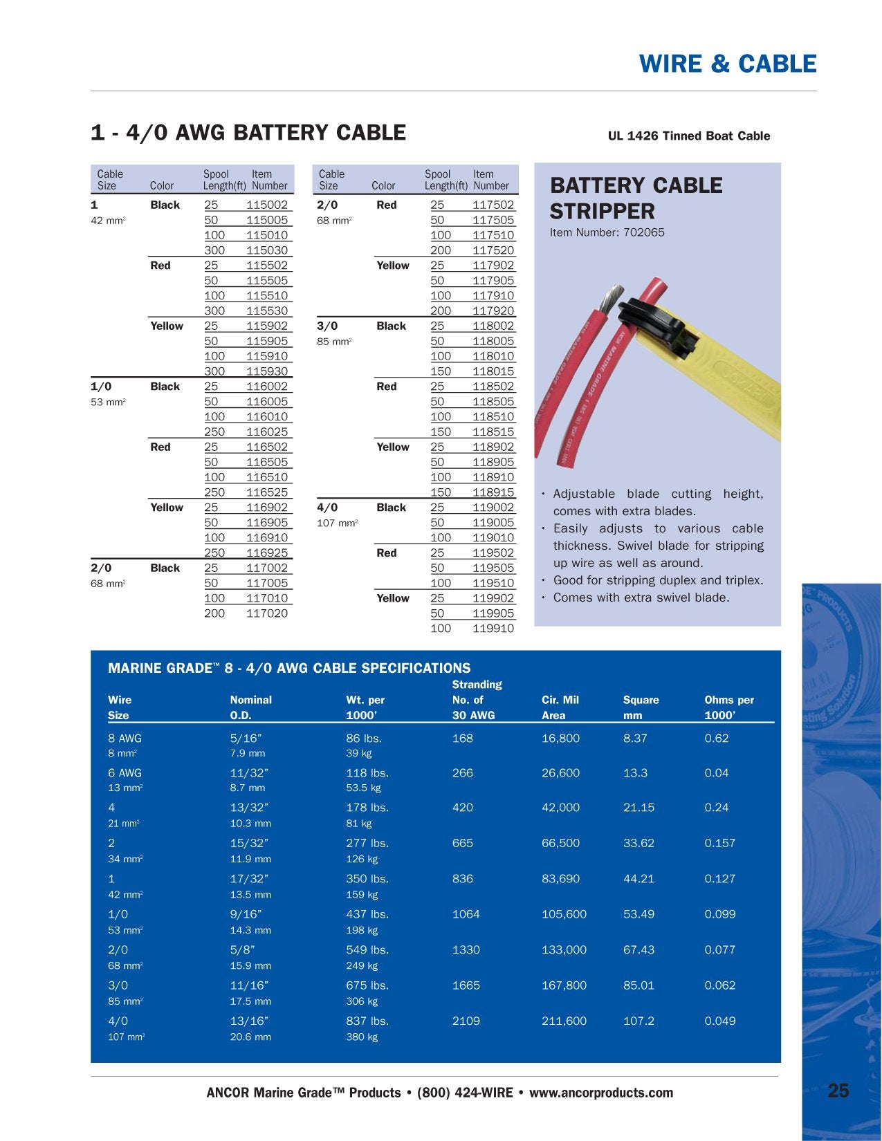 4 AWG Ancor 113905 Tinned Copper Battery Cable, Yellow - 50ft