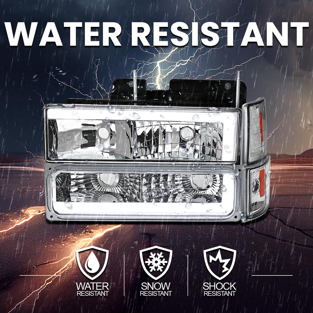 Chrome LED Tube Headlights + Bumper Parking + Corner Lights SPEC-D TUNING Compatible with 1994-1998 GMC C10 Pickup Sierra Suburban Yukon Left + Right Pair Assembly