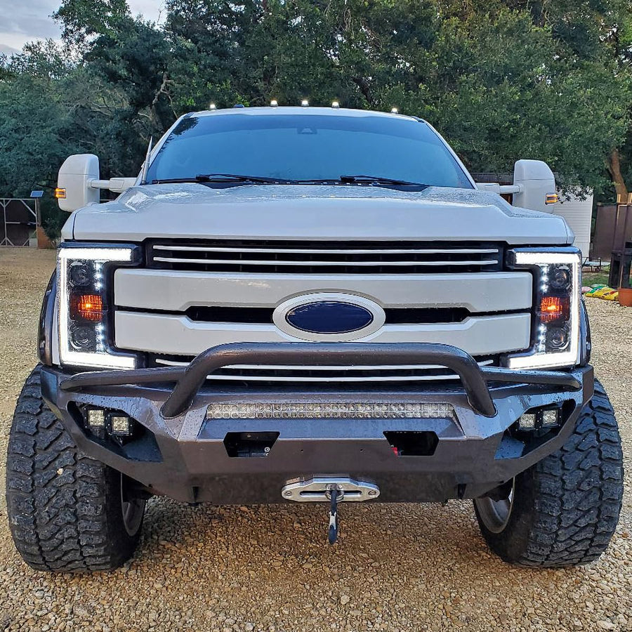 Glossy Black Smoke SPEC-D TUNING Projector Headlights w/Switchback LED Turn Signal Compatible with 2017-2019 Ford F-250, F-350, F-450, F-550 Super Duty, Left + Right Pair Headlamps Assembly
