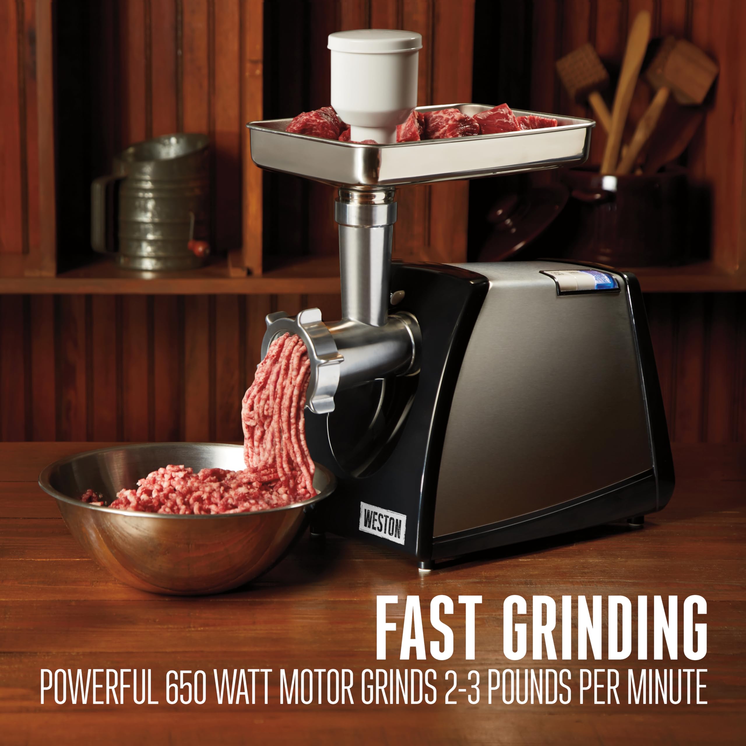 Electric Weston Meat Grinder & Sausage Stuffer, #8 650 Watt, 7/8 HP Motor, Grinds 3 lbs Per Minute, Includes Stainless Steel Grinding Plates, Stainless Steel (33-0801-W)
