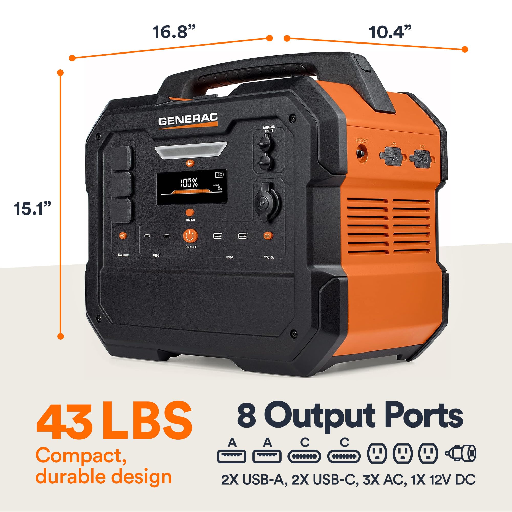 Portable Power Station Generac 2106Wh with Lithium-Ion Battery - Clean, Emission-Free Power - Wirless Charging Pad and Compact Design - Camping, RV, Indoor/Outdoor Use - Orange/Black