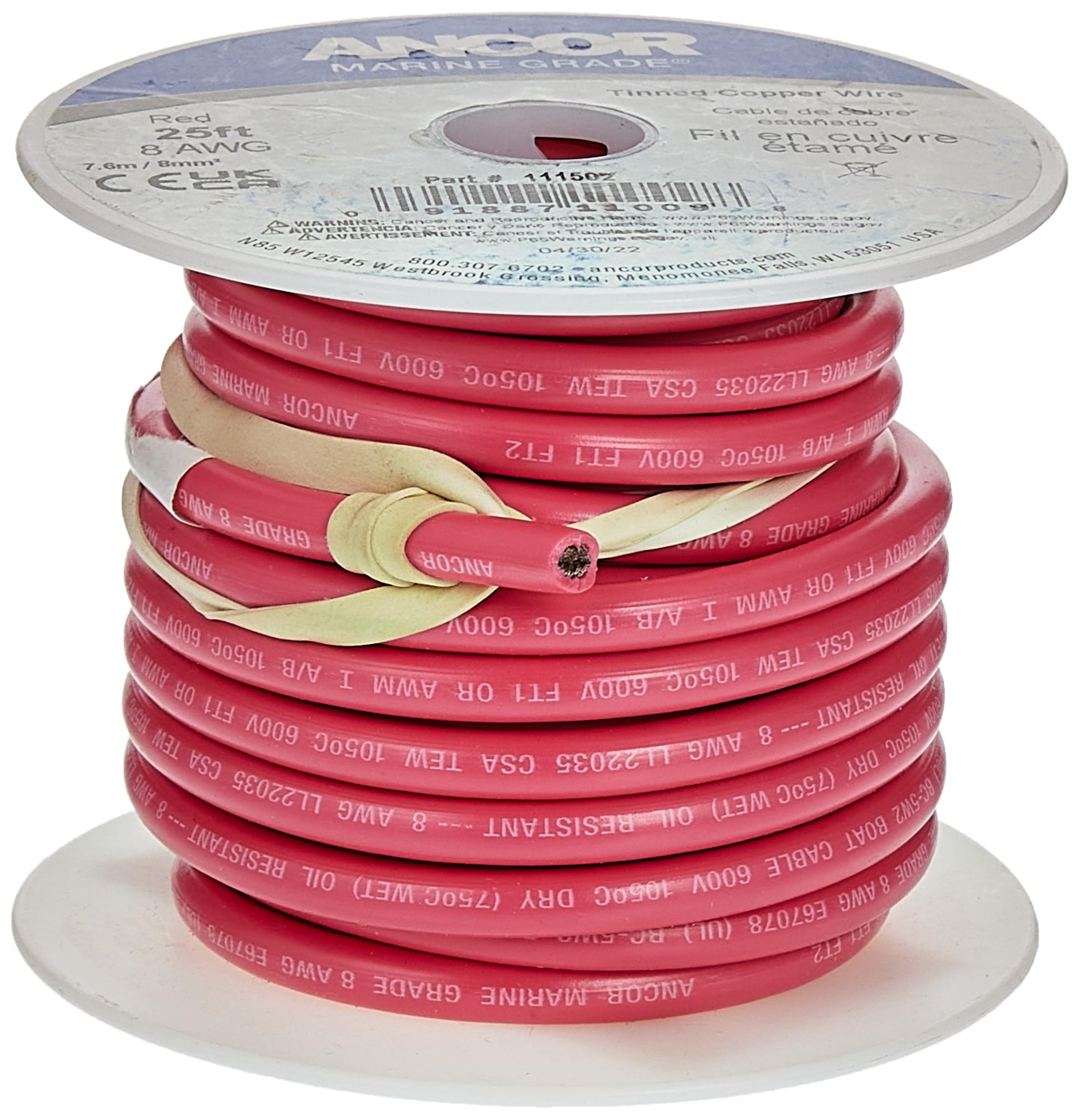 111510 Ancor Tinned Copper Wire, 8 AWG (8mm2), Red - 100ft