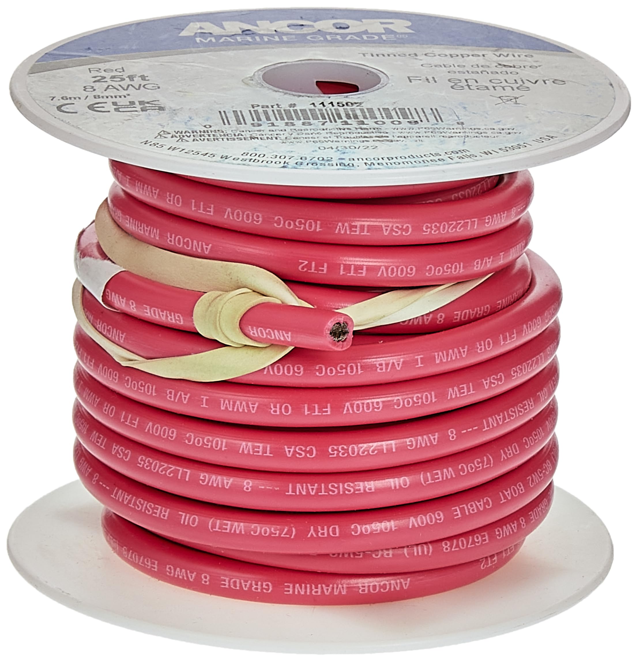 Marine Grade Ancor 111599 Tinned Copper Battery Cable (8-Gauge, Red, 1000-Feet)