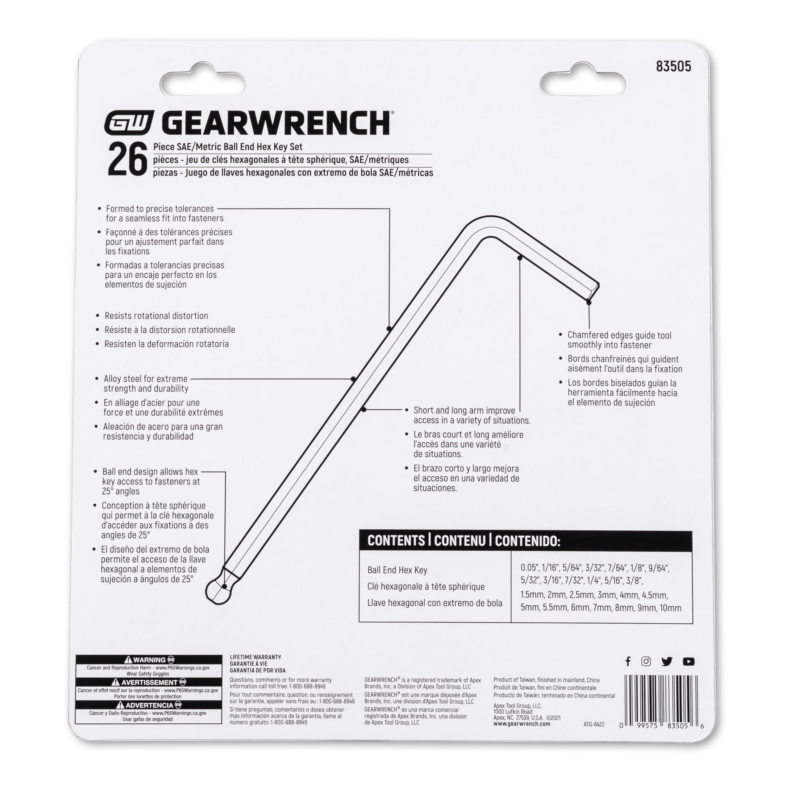 26 Piece GEARWRENCH SAE/Metric Ball End Long Arm Hex Key Set - 83505