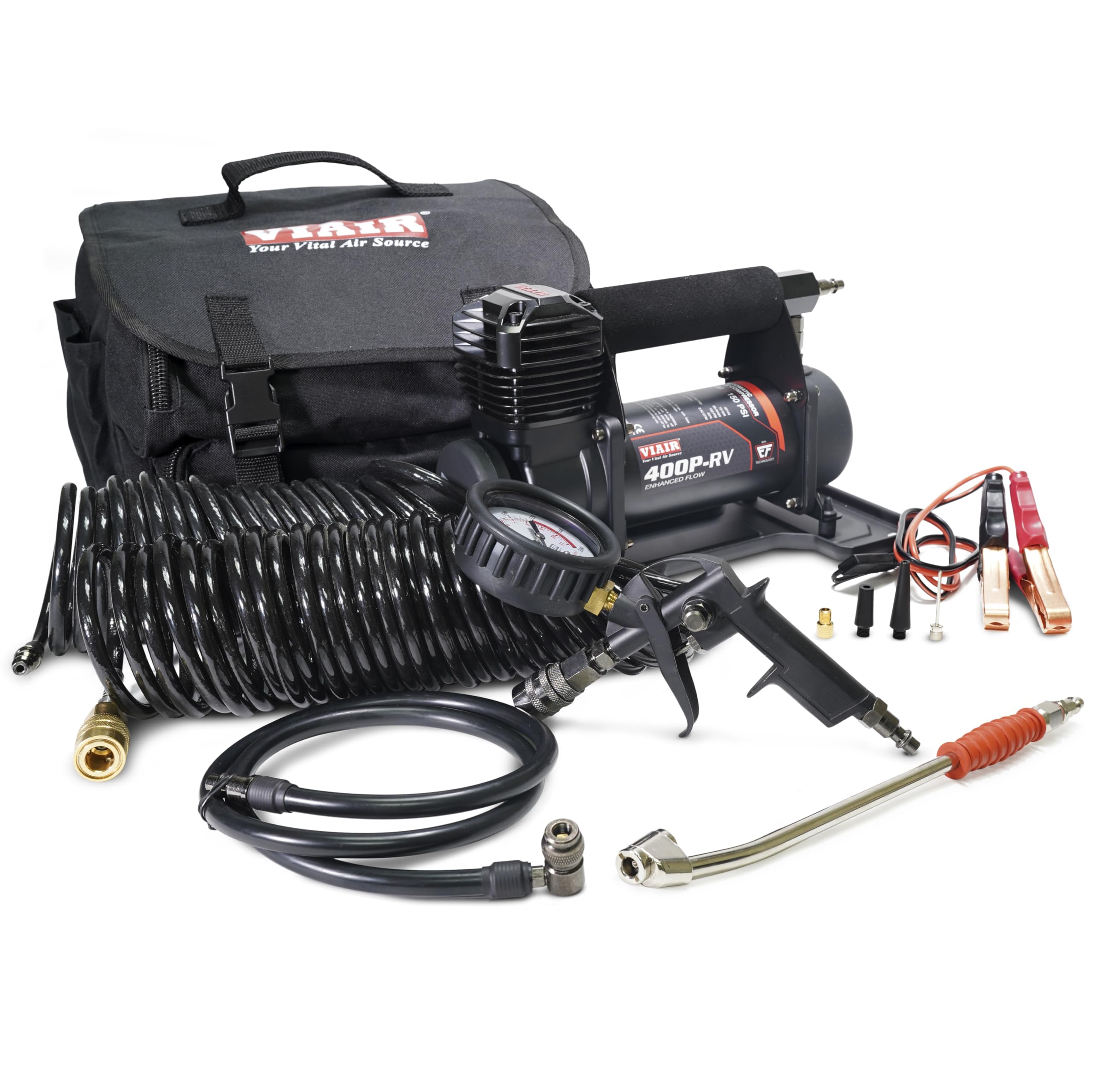 400P-RV EF VIAIR Enhanced Flow - 40144 12V Tire Inflator Portable Air Compressor with RV Inflation Gun, 90 Degree Chuck | 33% Duty Cycle @ 100 PSI, Max Pressure 150 PSI (SAE, Alligator Clips)