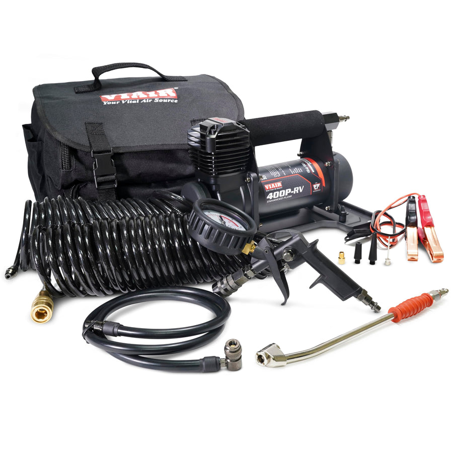400P-RV EF VIAIR Enhanced Flow - 40144 12V Tire Inflator Portable Air Compressor with RV Inflation Gun, 90 Degree Chuck | 33% Duty Cycle @ 100 PSI, Max Pressure 150 PSI (SAE, Alligator Clips)