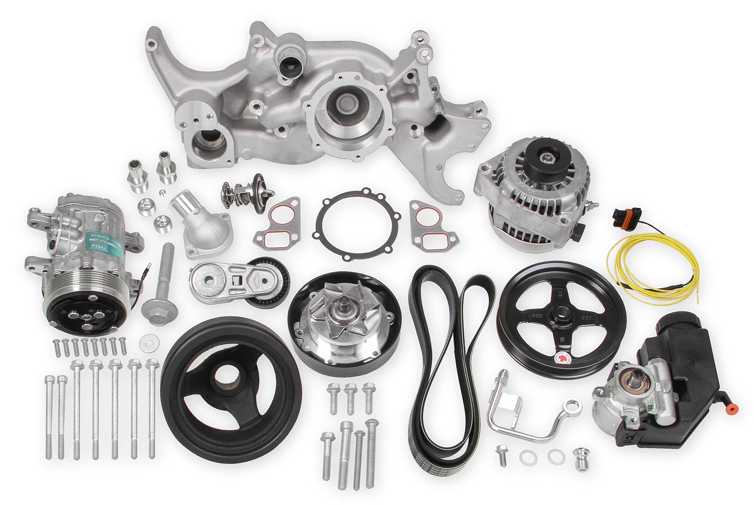 Holley Complete LS Swap Front Accessory Serpentine Drive System | Mid-Mount with Water Pump, Alternator, A/C & Power Steering | Gen III/IV 4.8/5.3/LS1/LS2/LS3/LS6 Natural Finish 20-185