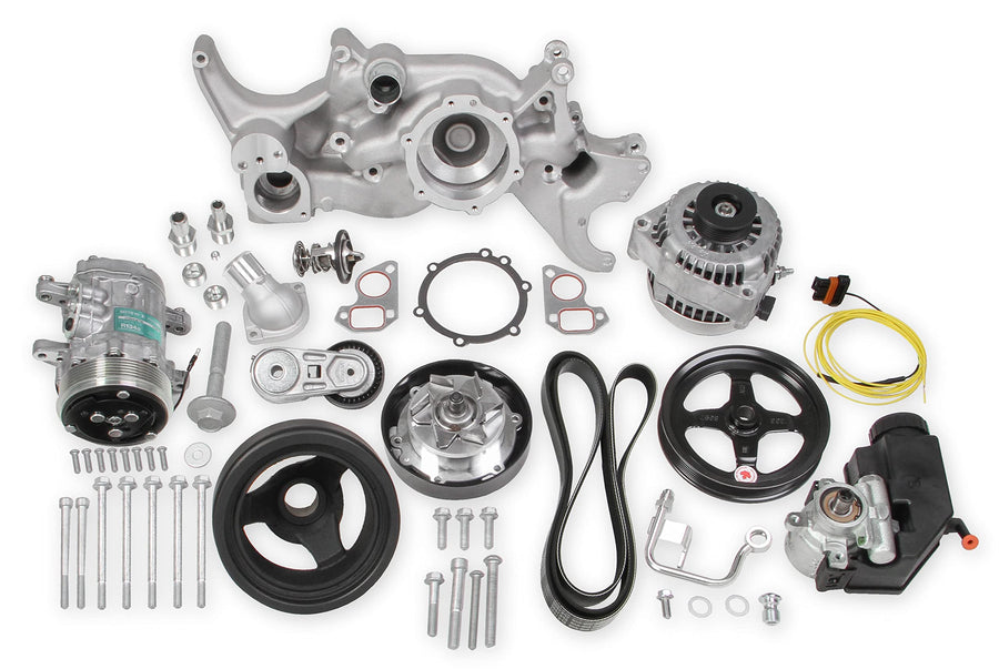 Holley Complete LS Swap Front Accessory Serpentine Drive System | Mid-Mount with Water Pump, Alternator, A/C & Power Steering | Gen III/IV 4.8/5.3/LS1/LS2/LS3/LS6 Natural Finish 20-185