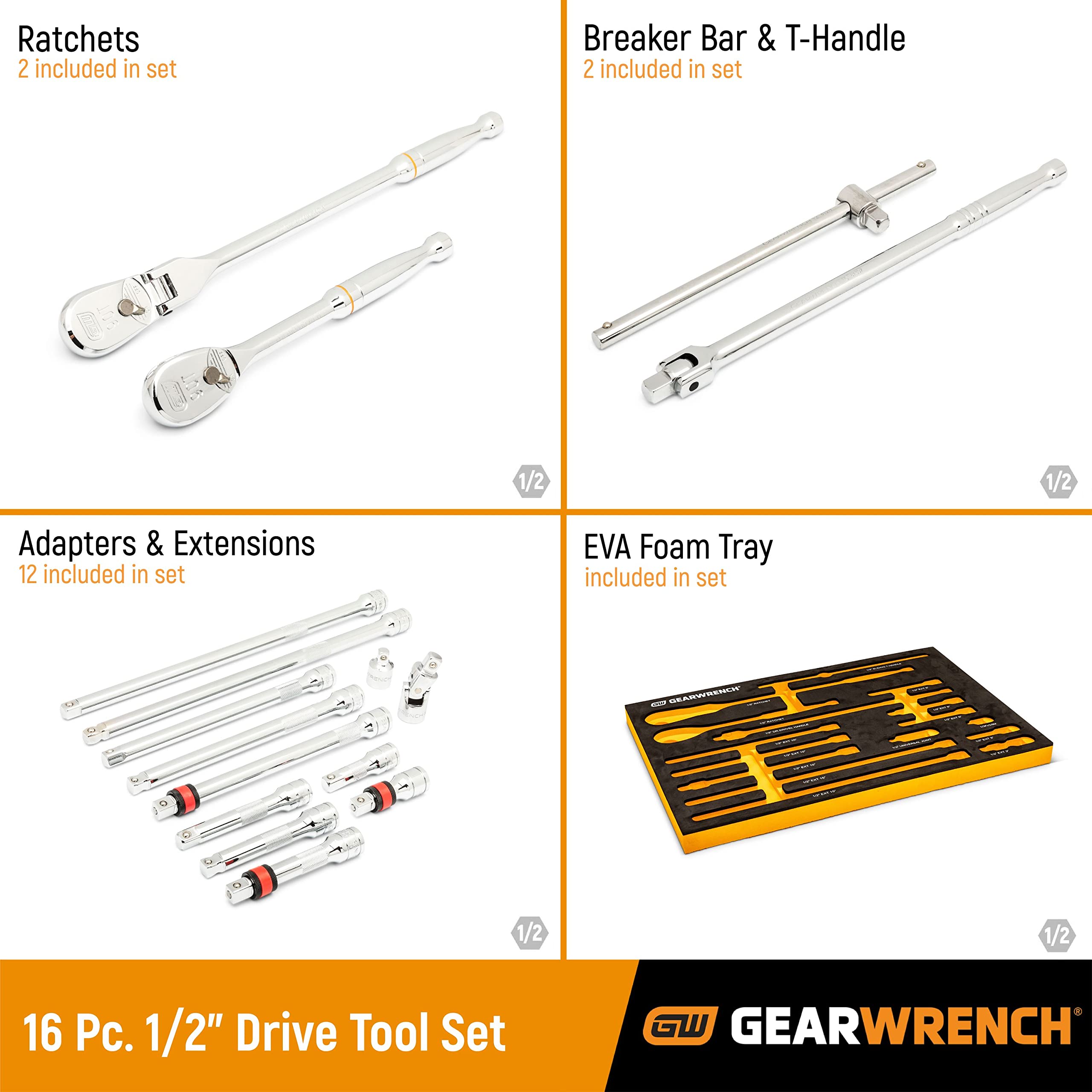 16 Piece GEARWRENCH 1/2" 90T Ratchet & Drive Tool Set with EVA Foam Tray - 86522