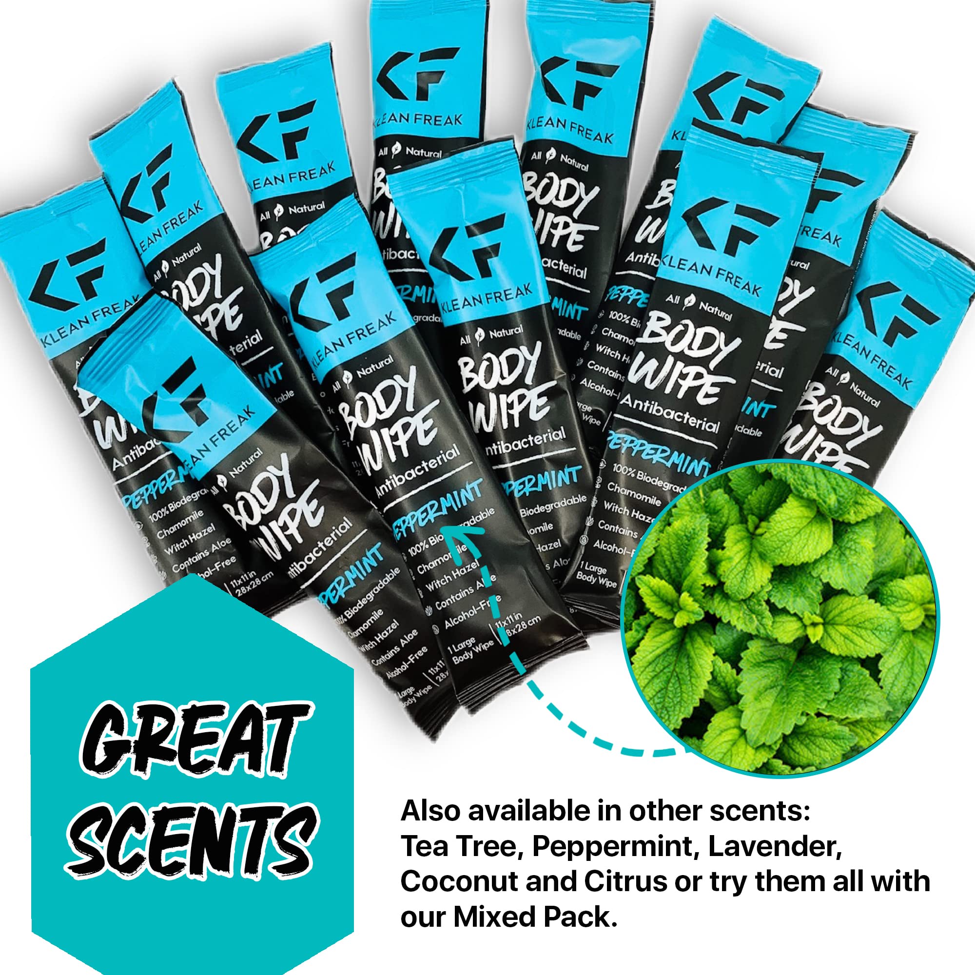 The Body Wipes Klean Freak - 12 count Individually Wrapped | Showerless Body Wipe for Women & Men | Sustainable Bodywipes for Gym, Travel, Camping | Peppermint