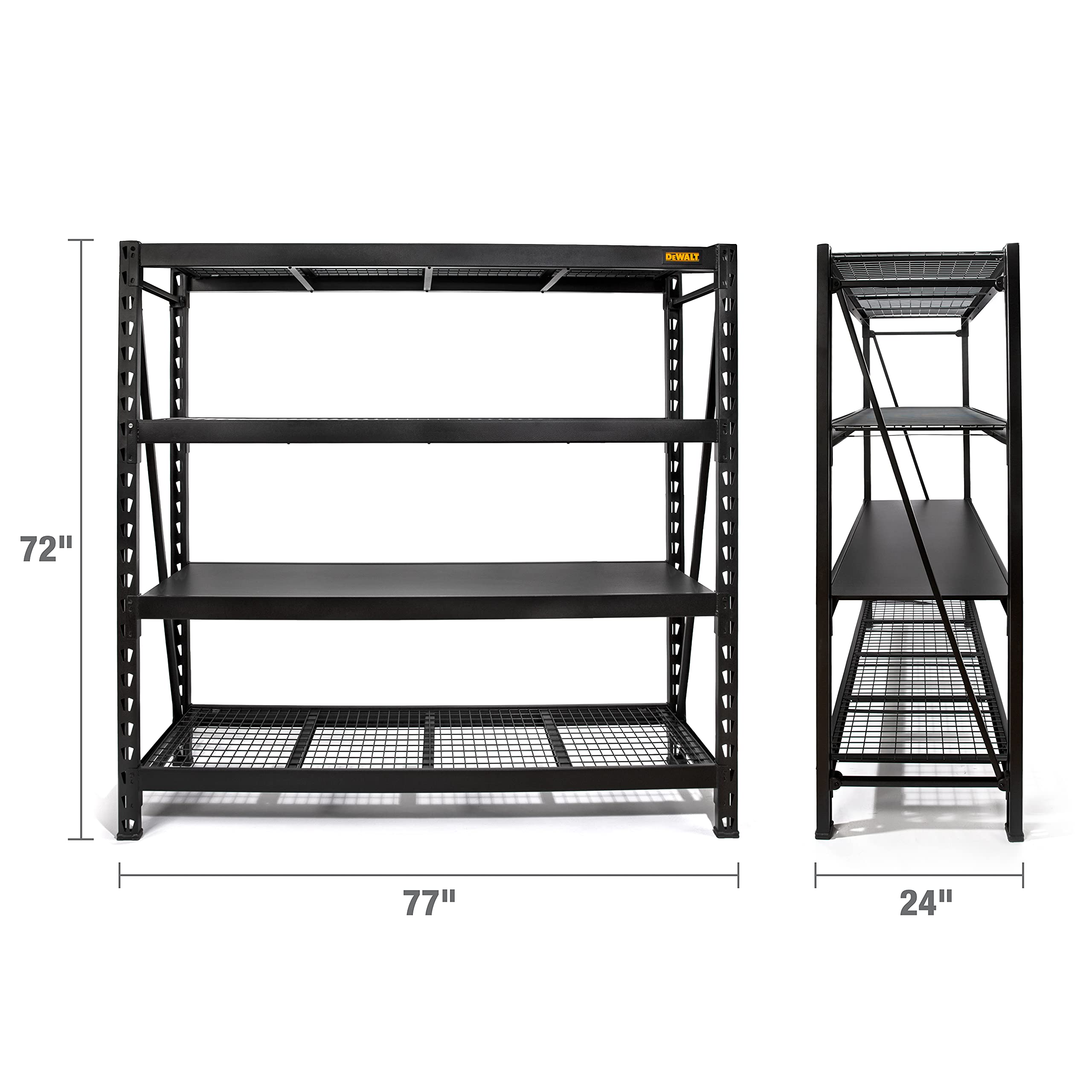 6-Foot Tall DEWALT, 4 Shelf Steel Wire Deck Industrial Storage Rack, Adjustable for Custom Workshop/Garage Storage Solutions, Total Capacity: 10,000 lbs. (DXST10000BLK)