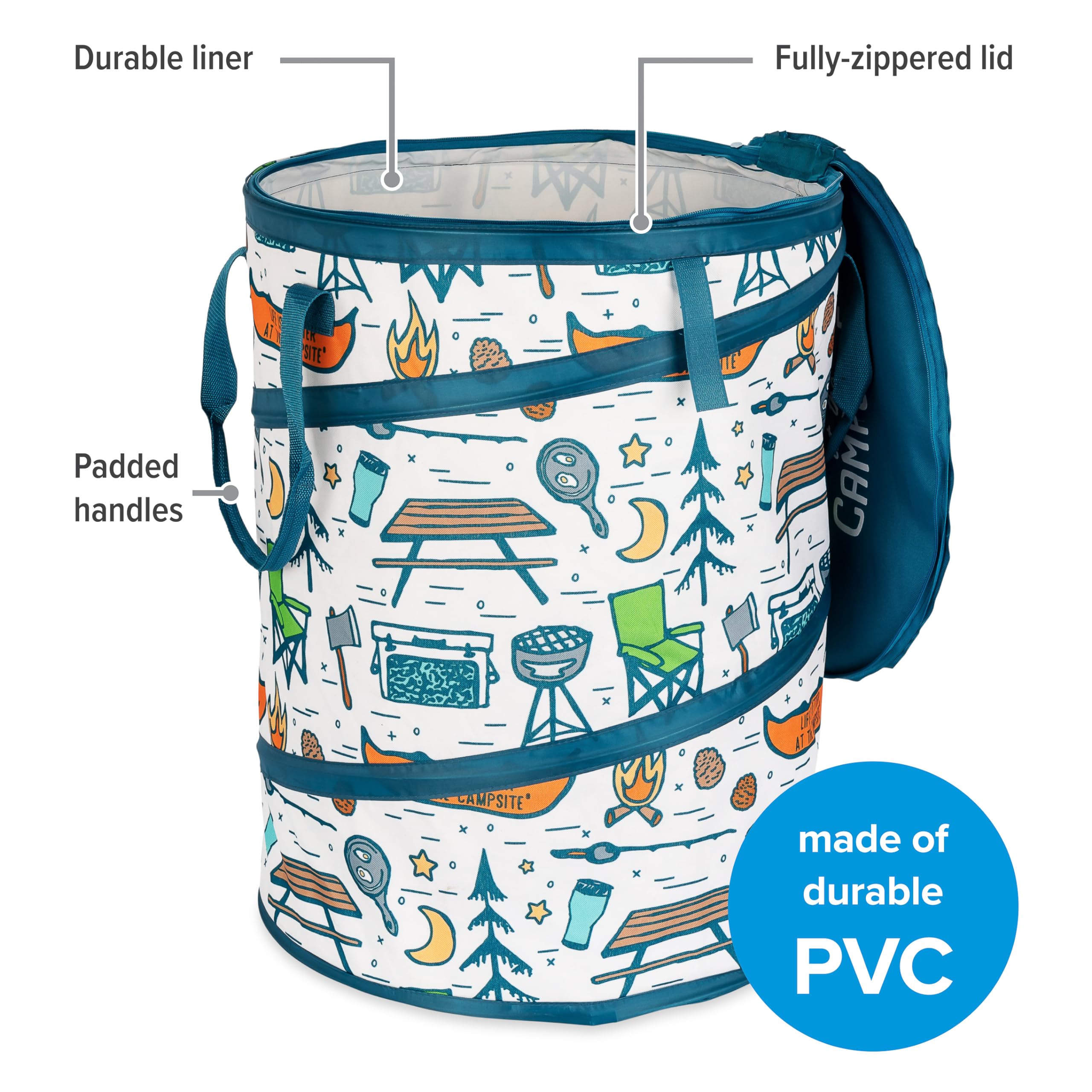 Camco Utility Container Pop-Up - Use as Collapsible Trash Can When Camping - Holds 30-Gallon Kitchen-Size Trash Bags - Stands 2-Ft Tall & Collapses for RV Storage and Organization (42997)