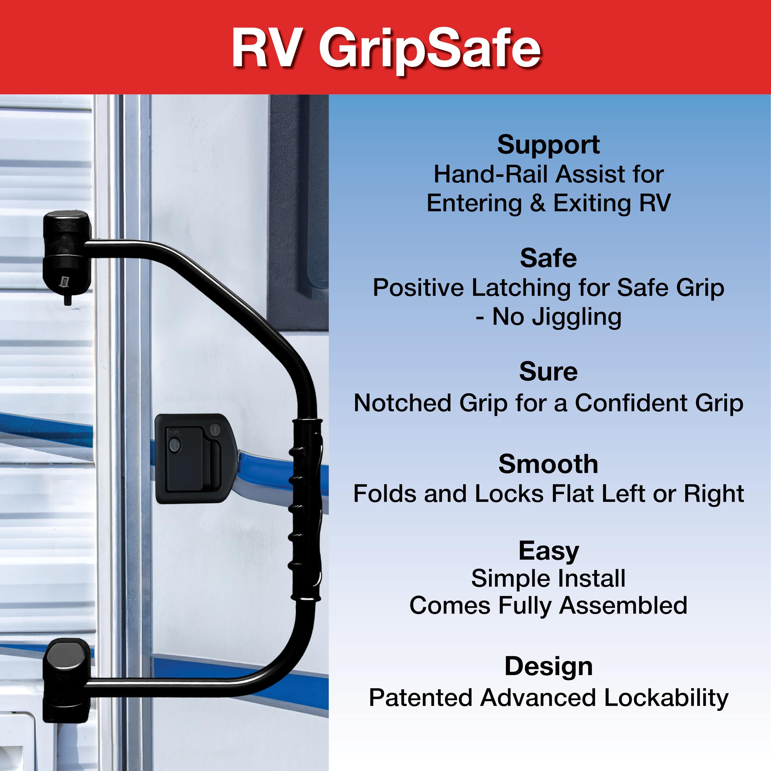 GripSafe RV Designer R227 Handrail Assist - Locking Folding Aluminum Grab Handle with Notched Grip - Safe Entry Assist for RV Door - Easy Installation, 27 Inch, Black