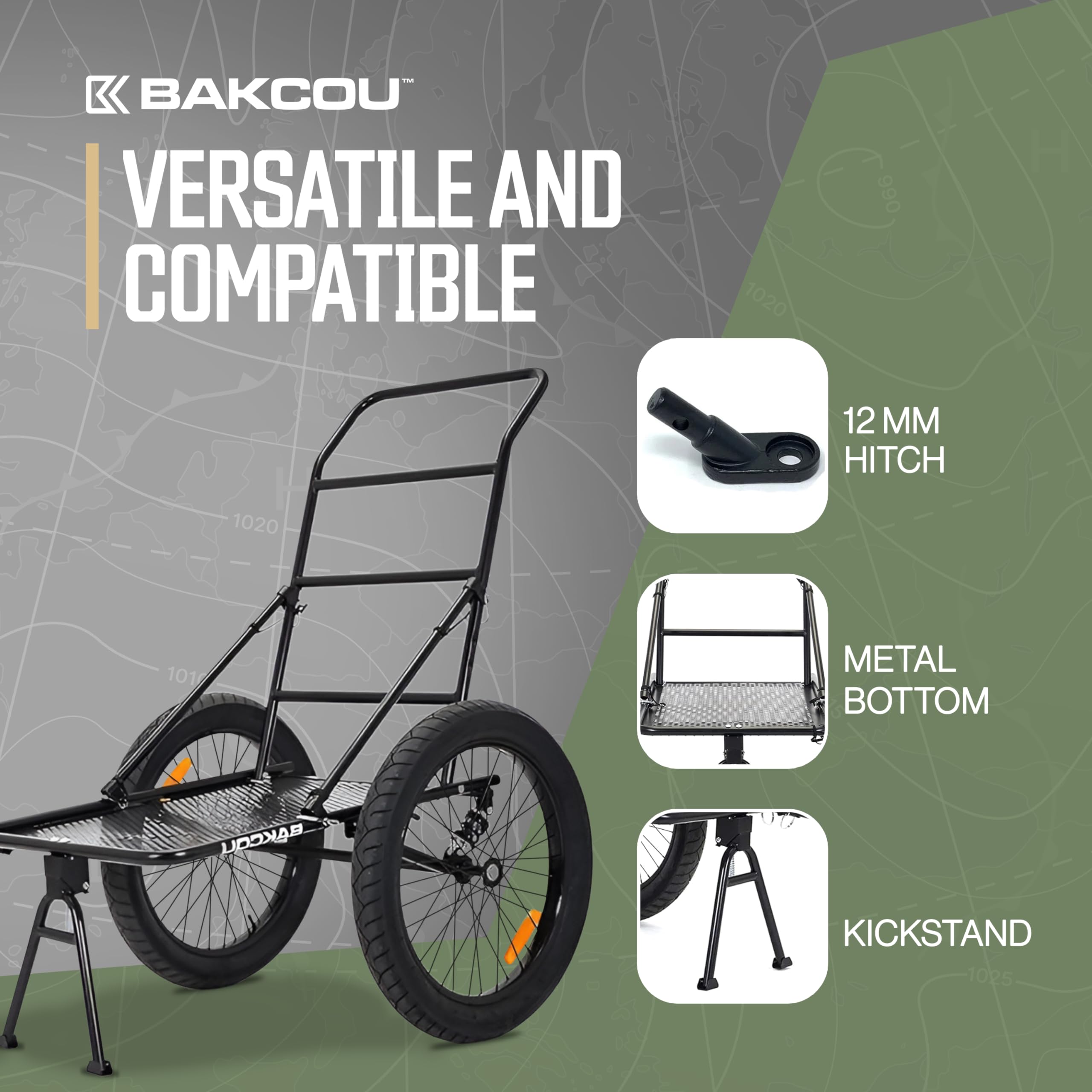 Folding Utility eBike Trailer - Bakcou Hitch Attachment, Axle Extenders, 16x3 Fat Tires, Heavy-Duty Cargo Storage Cart with Canvas Liner