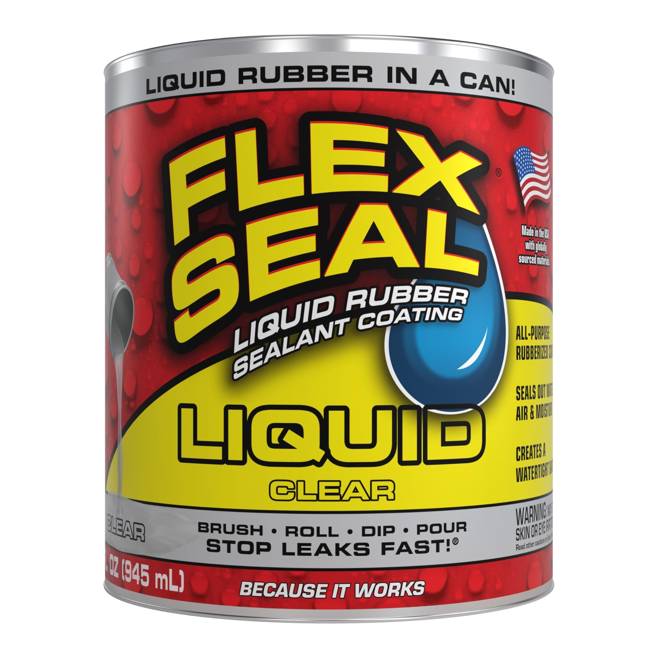 Flex Seal Liquid, Waterproof Rubber Coating Sealant, Flexible, Breathable, and UV Resistant, Roof Repair, Basements, RV, Campers, Trailers, Marine, EPDM, Masonry, Clear, 32 oz