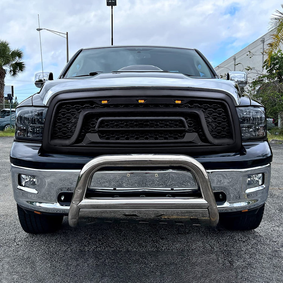 Matte Black Spec-D Tuning Front Bumper Hood Grille w/Amber LED Lights Compatible with 2009-2012 Dodge Ram 1500