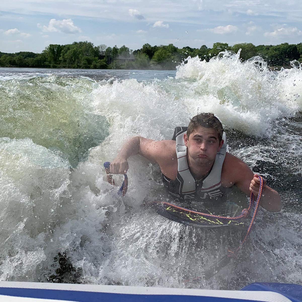 Fractal Wake Surf Board RAVE Sports, 59" x 22", Consistent Weight Distribution and Control, Compressed Molded Fiberglass, Foam Core, Kicktail Design, 3 Fins, Textured EVA Pad, Max Weight 250 lbs