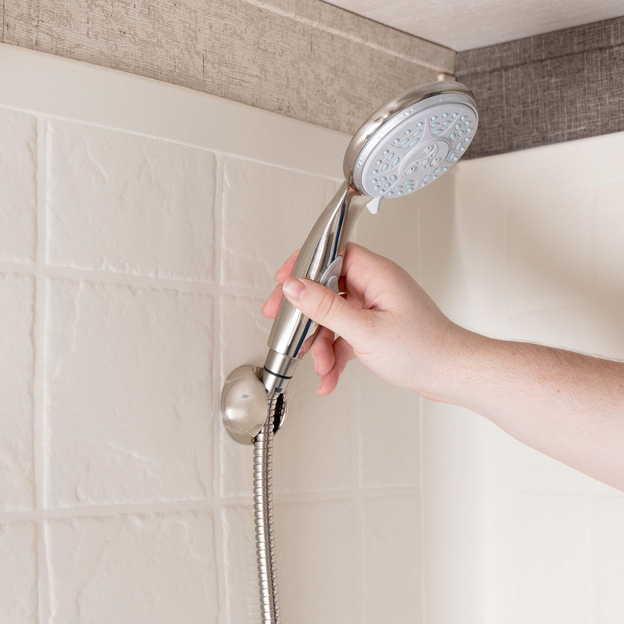 Shower Head Camco RV/Marine | Features Convenient On/Off Switch for Water Efficient Showers | 5 Spray Patterns | Brushed Nickel (43746)