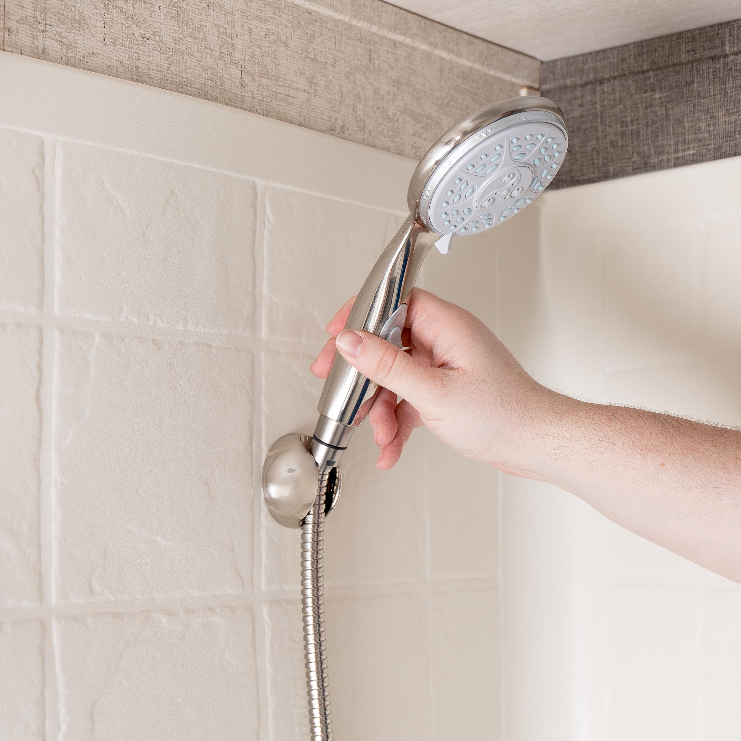 Complete Camco RV/Marine Shower Head Kit | Features Convenient On/Off Switch for Water Efficient Showers | 5 Spray Patterns | Brushed Nickel (43747)
