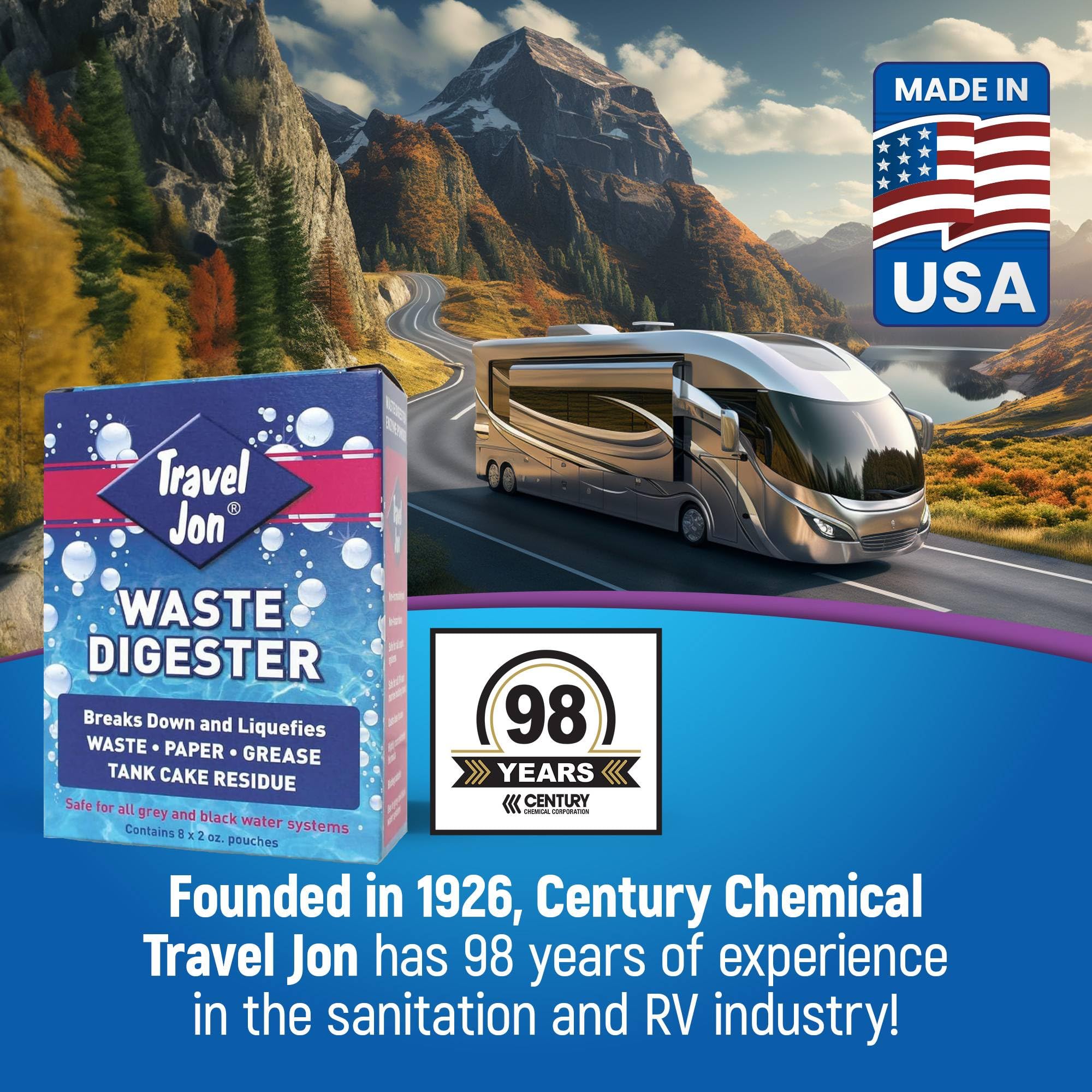 Travel Jon Waste Digester Black Tank Treatment RV - Extra-Strength Marine & RV Toilet Treatment | Liquifies Waste in Black & Gray Tanks - Odor Eliminator, Sensor Cleaner | Enzyme Drop Ins For Toilet