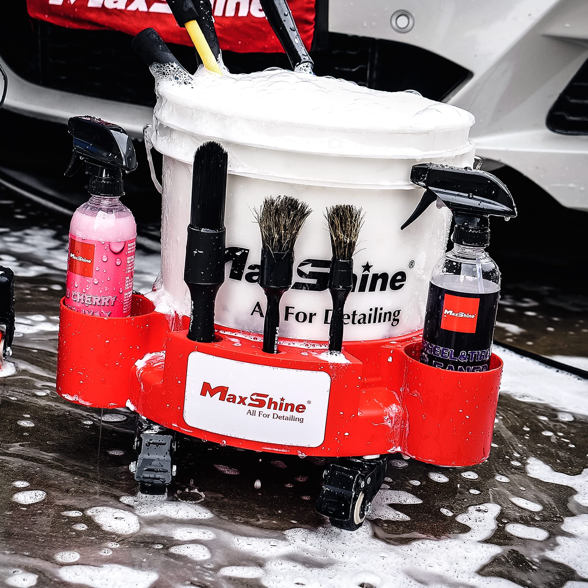 5 Gallon Maxshine Universal Rolling Bucket Dolly (Red) | Heavy-Duty Detailing Bucket Cart with 5 Wheels & 2 Locking Casters | Mobile Organizer for Compounds, Brushes & Car Wash Supplies