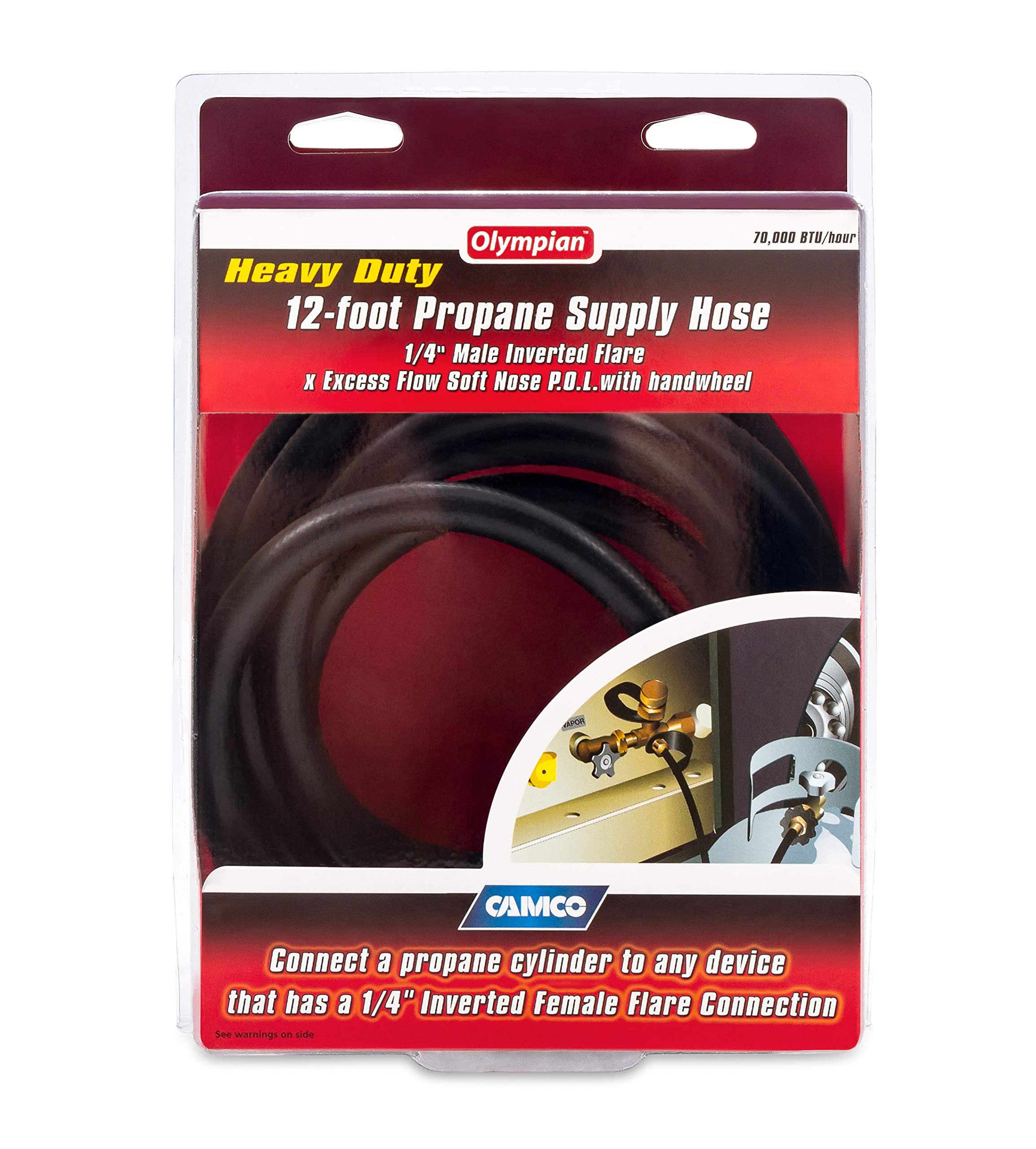 Camco 12-Foot Olympian RV Propane Supply Hose - Built-In Excess Flow Protection - Connects Motorhome to 20/30 lb Propane Tank - Soft-Nose POL x 1/4-Inch Inverted Flare (59035)