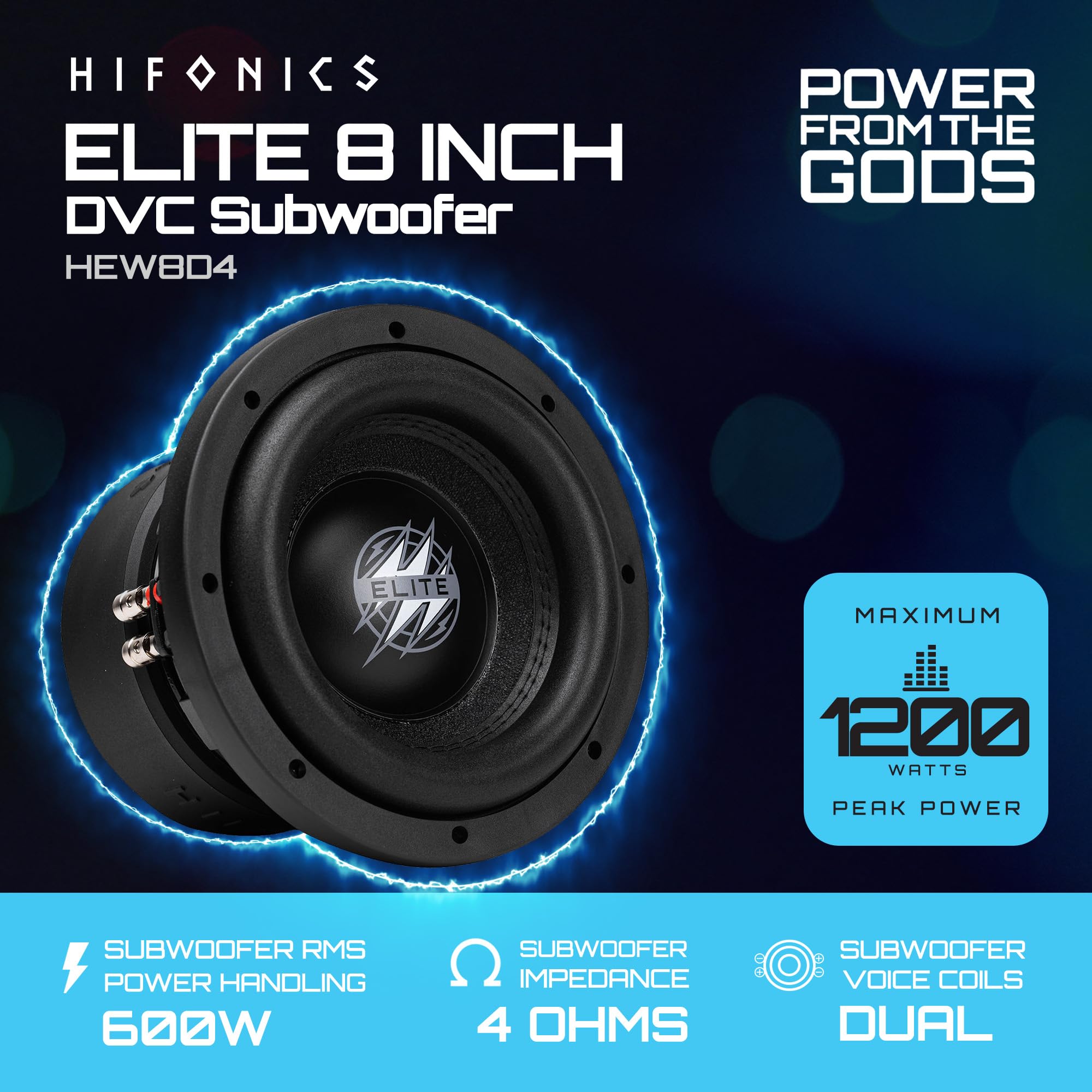 8 Inch Hifonics Elite Car Mount Subwoofer with Dual 4 Ohm Voice Coil Speaker 1200 Watt Peak Power Mobile Amplifier System, Black