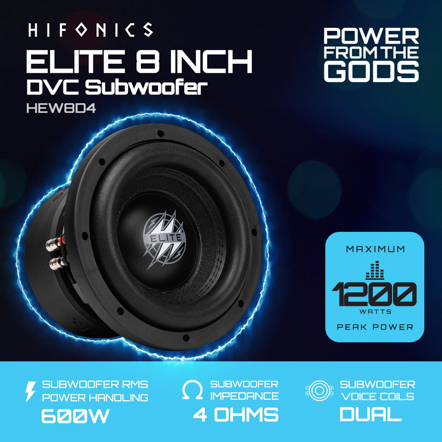 8 Inch Hifonics Elite Car Mount Subwoofer with Dual 4 Ohm Voice Coil Speaker 1200 Watt Peak Power Mobile Amplifier System, Black