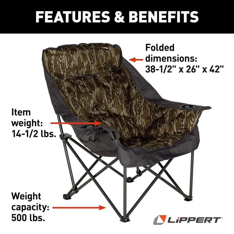 Lippert Big Bear Mossy Oak Original Bottomland Camo Padded Camping Chair with 400-lb. Weight Capacity, Durable Mesh Fabrics, Dual Cupholders, Wine Glass Holder, Carrying Bag - 2023053730