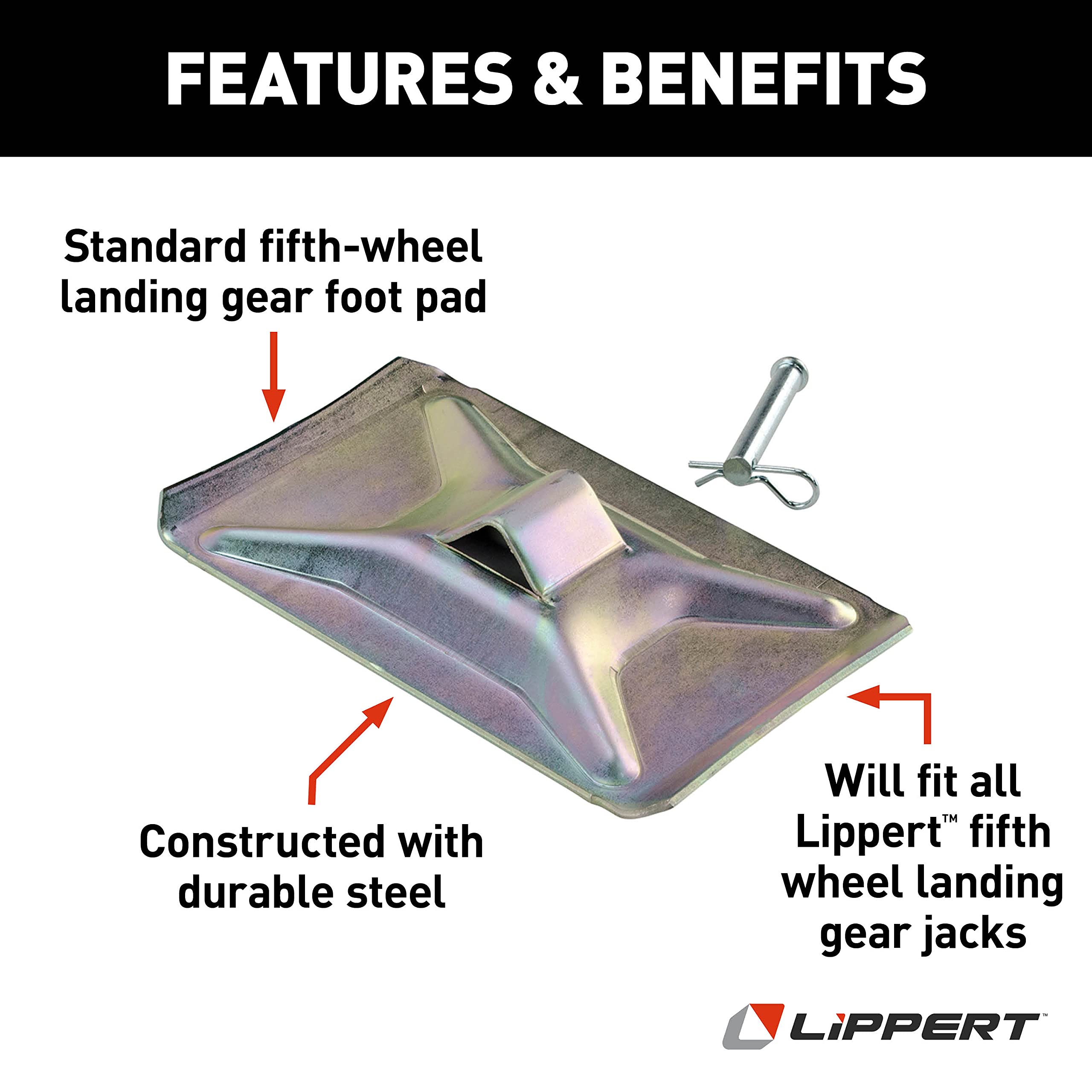 5th Wheel Lippert Standard RV Landing Gear Foot Pad Kit with Clevis, Bridge Pin & Hairpin Cotter Clip for Attaching to Jack Leg, 5" Wide x 8" Long, Steel Construction, 1/5" Slot - 700052