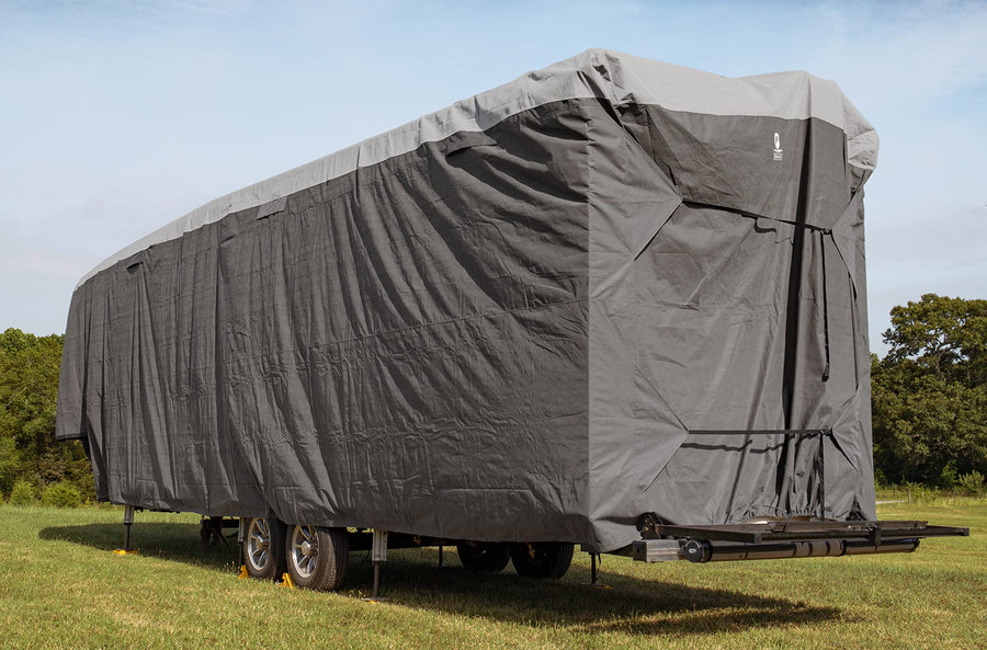 Camco RV Cover ULTRAGuard - Fits Fifth Wheel Trailers 30 to 32-feet - Extremely Durable Design That Protects Against The Elements - Features Zipper Entry Doors & Covered Air Vents (45754)