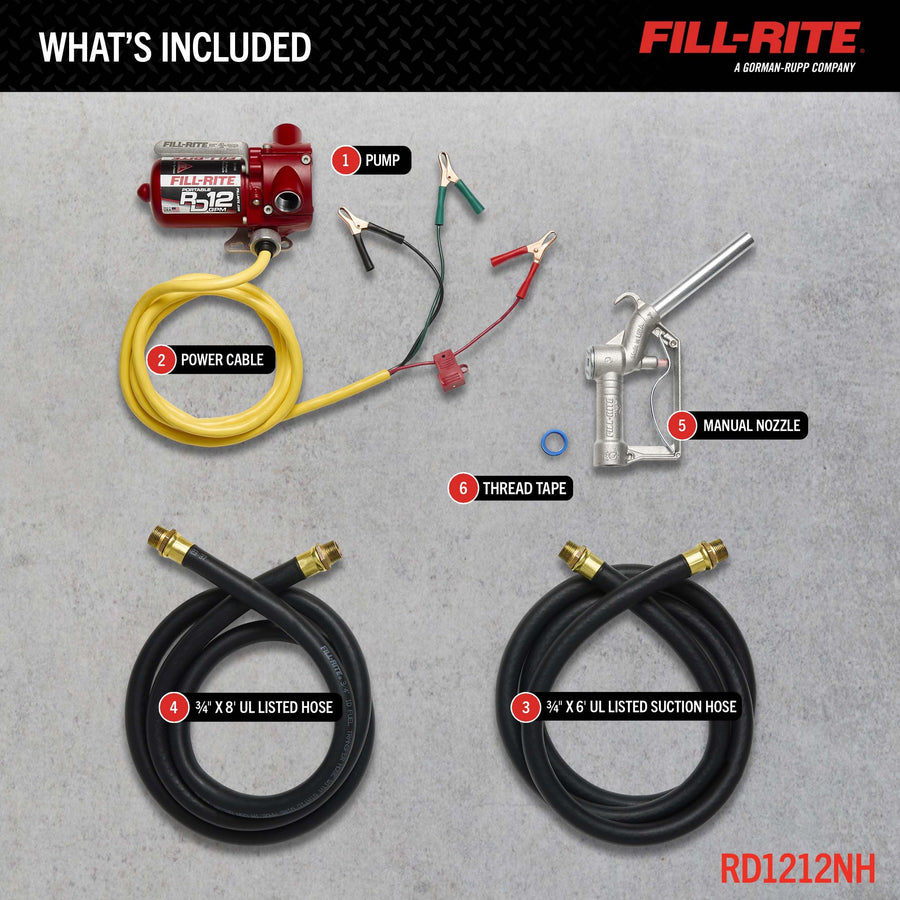 Fill-Rite 12V RD1212NH 12 GPM Portable Fuel Transfer Pump w/Discharge Hose, Manual Nozzle, Power Cable, & Suction Hose