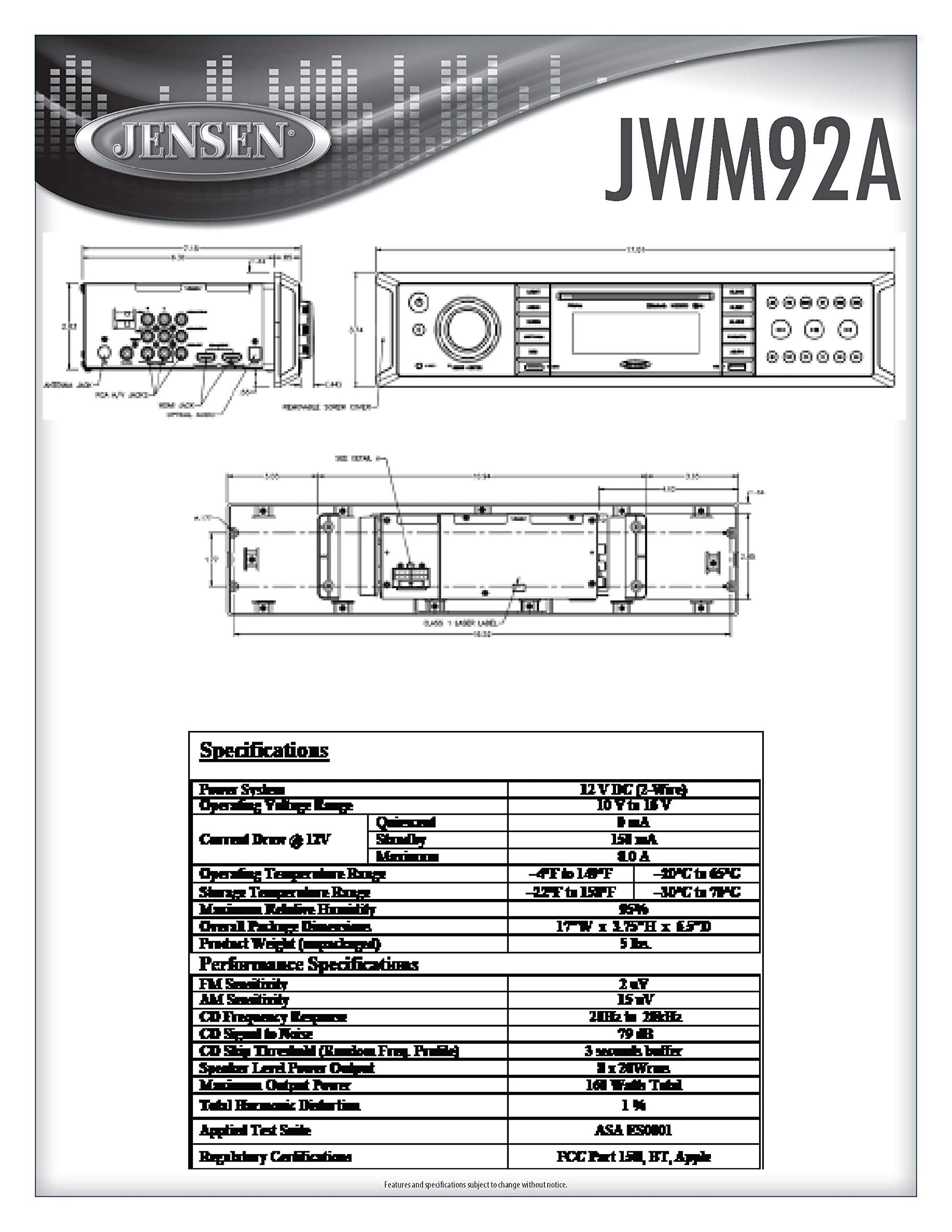 Jensen 3-Speaker JWM92A Zones Slimline Theater-Style DVD|USB|AUX|HDMI|App Ready Bluetooth Wallmount Stereo, Speaker Output 20X 8 Watt, Plays: CD/CD-R/CD-RW/DVD/DVD+R/DVD+RW/DVD-R/DVD-RW/MP3/WMA/JPEG