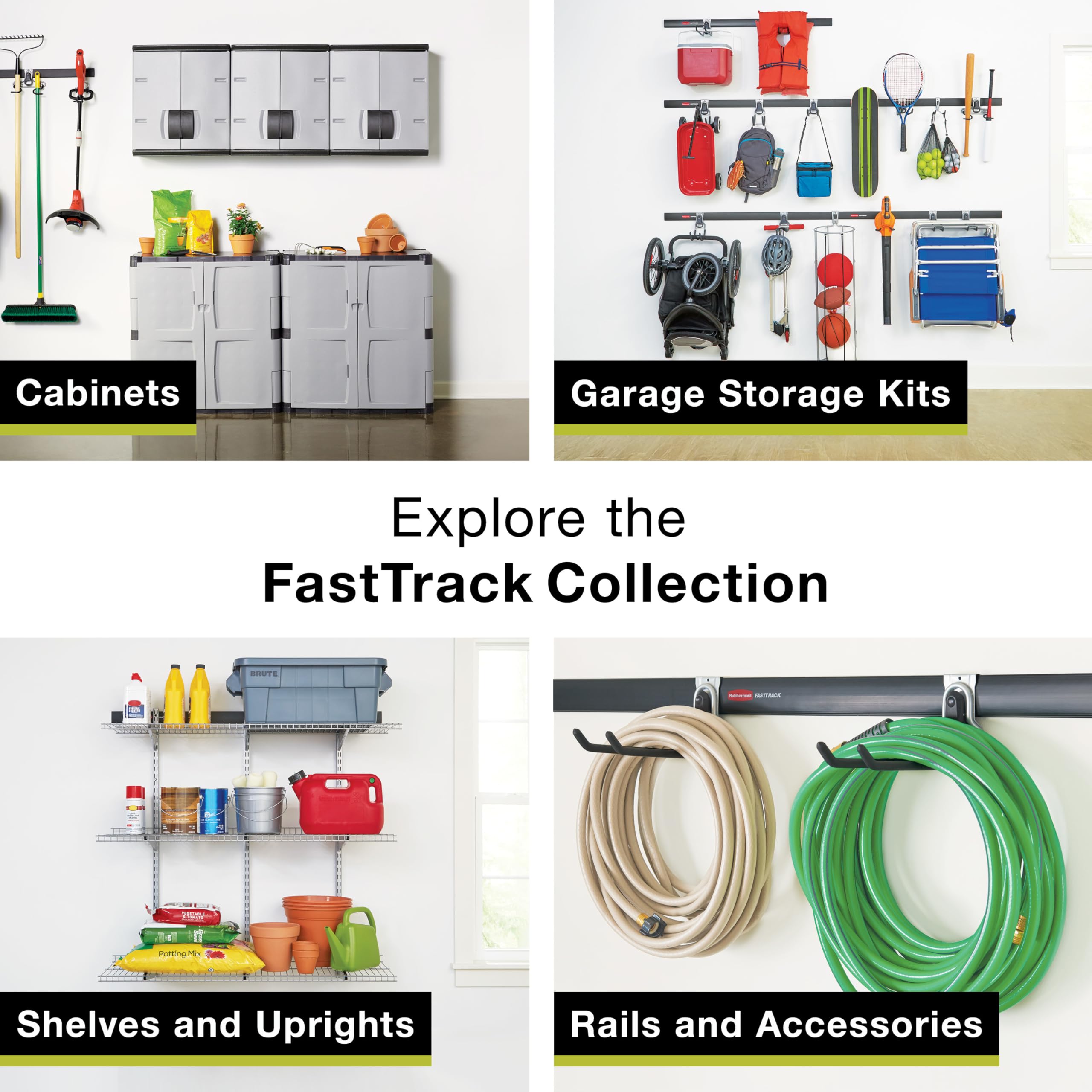Garage Rubbermaid FastTrack 8-Piece Small Kit Black/Grey All-in-One Rail & Hook Wall Hanging Kit Wall Mounted Storage Solution for Home/Garage