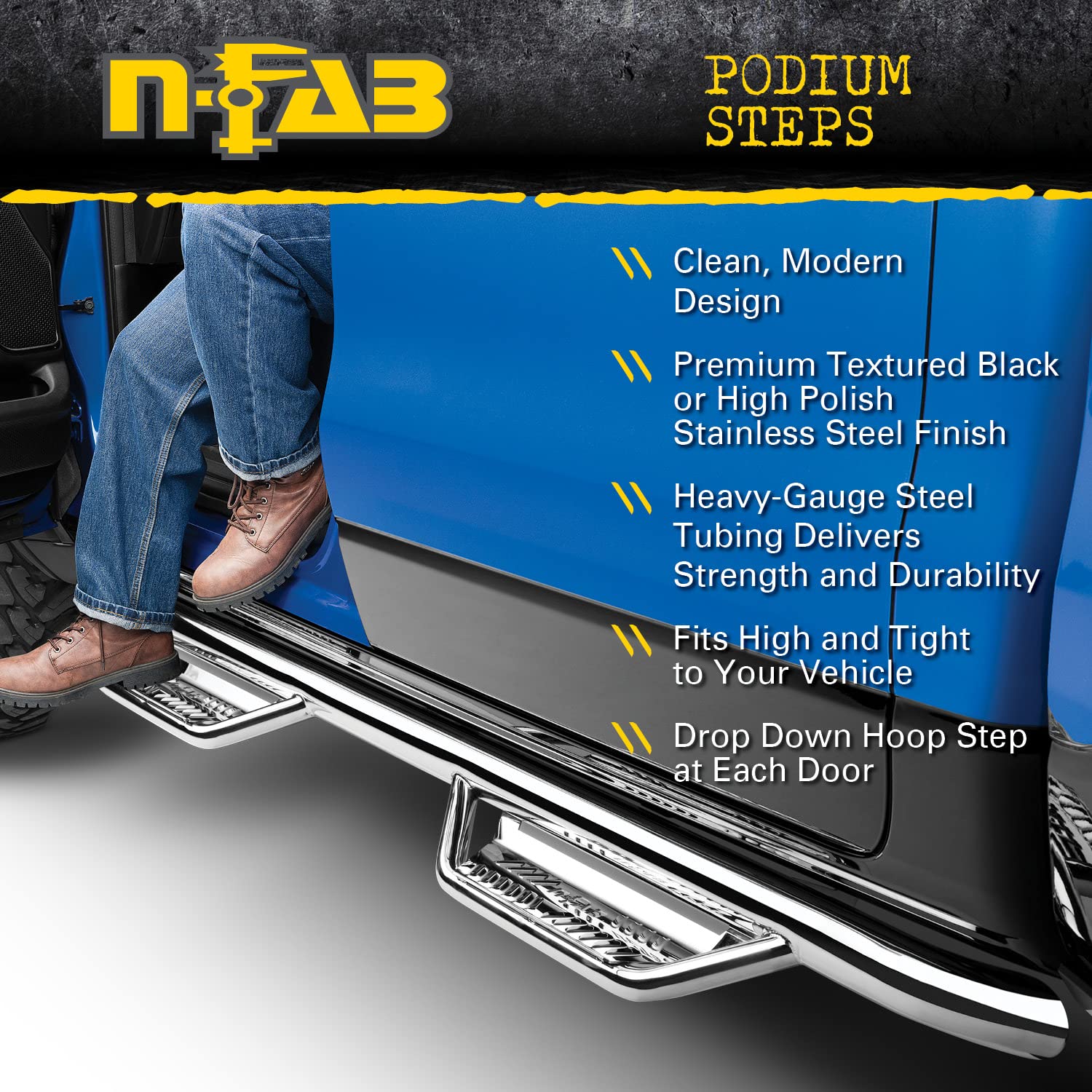 Podium LG Steps for RAM RealTruck | Wheel-to-Wheel, Stainless Steel, Textured Black | HPD1594QC-6-TX | Fits 2015.5-2018 RAM 1500 (Classic Model Only) Quad Cab 6.4' Standard Bed, SRW Gas