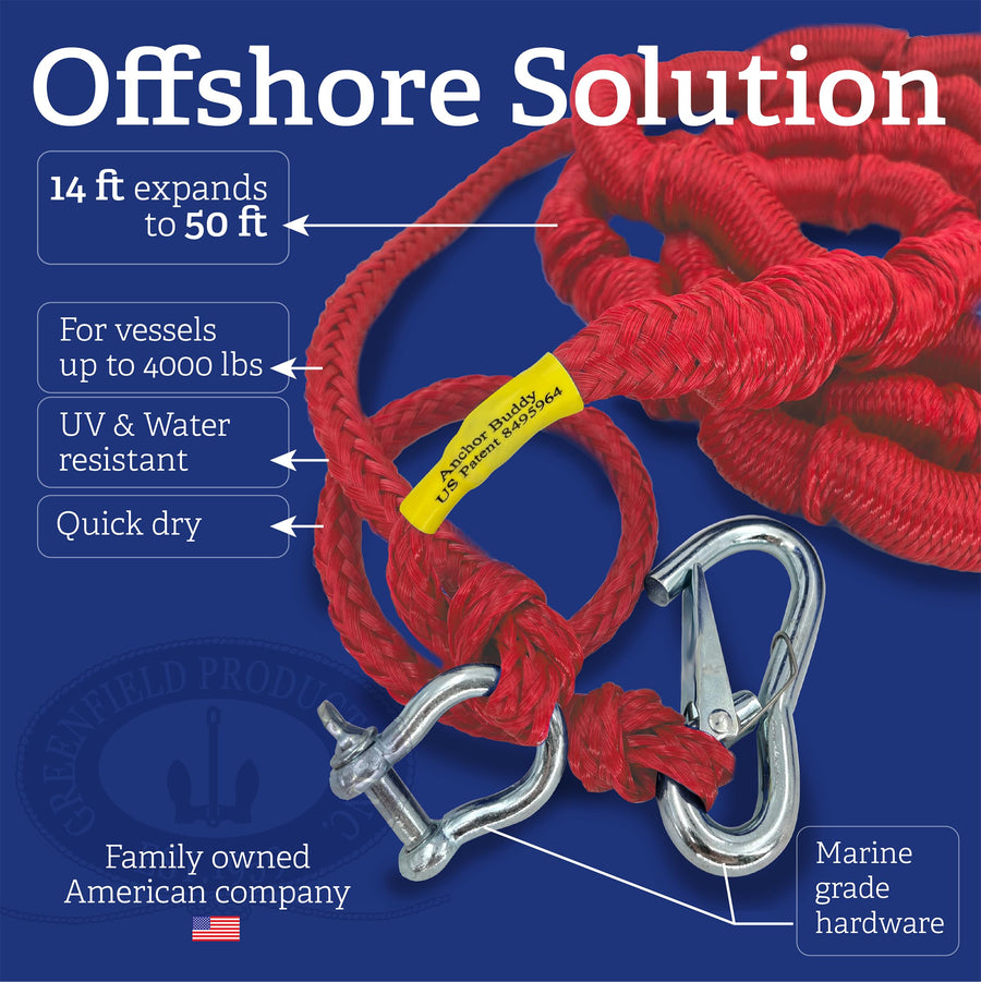 The Original Greenfield Anchor Buddy, Bungee Anchor Rope for Boats. 14ft to 50ft Stretch. Elastic Snubber Line. (Red)