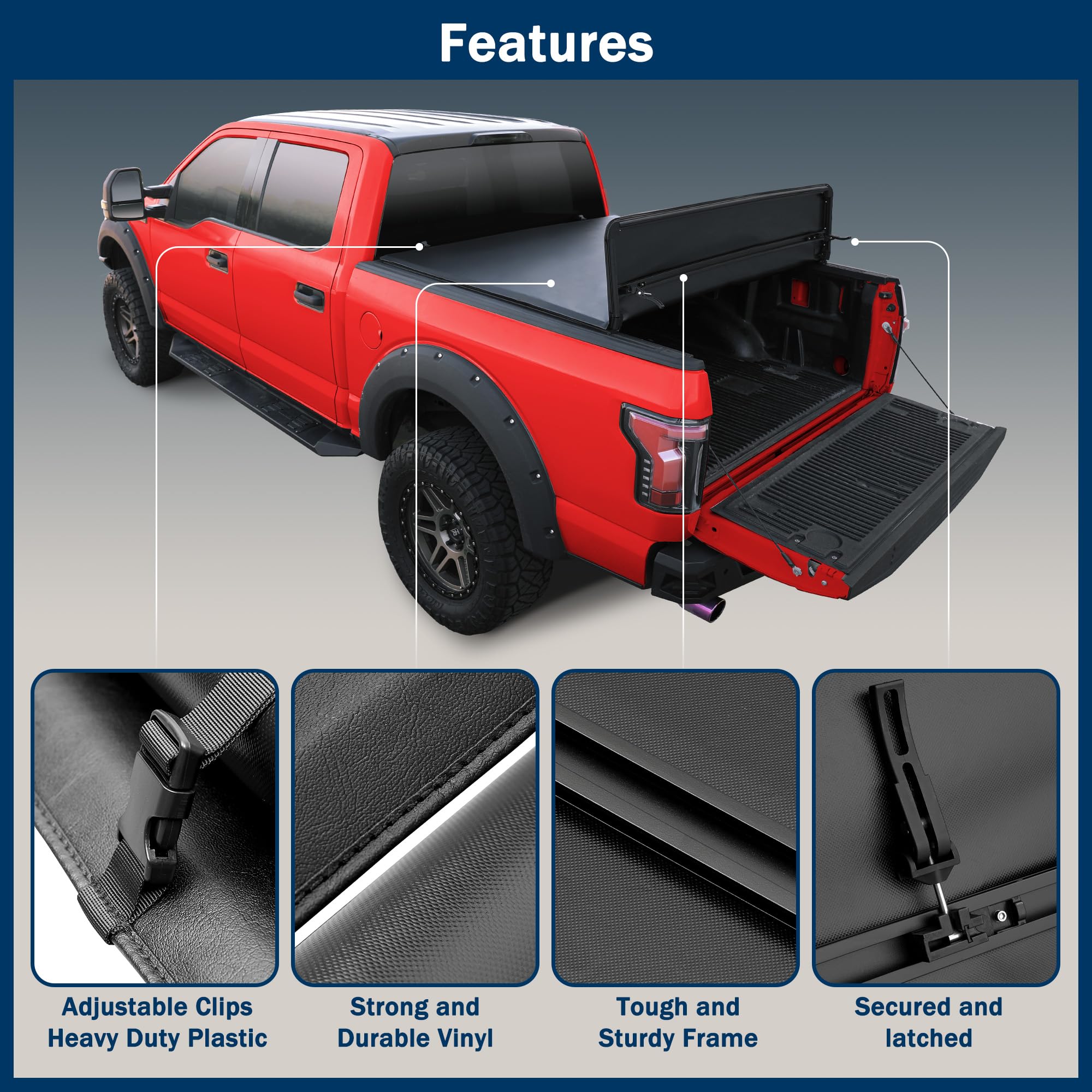 Soft Quad Fold Spec-D Tuning Tonneau Cover Compatible with 1994-2001 Dodge Ram 1500 Fleetside, 1994-2002 Dodge Ram 2500/3500 Fleetside 78", 6.5FT Short Bed