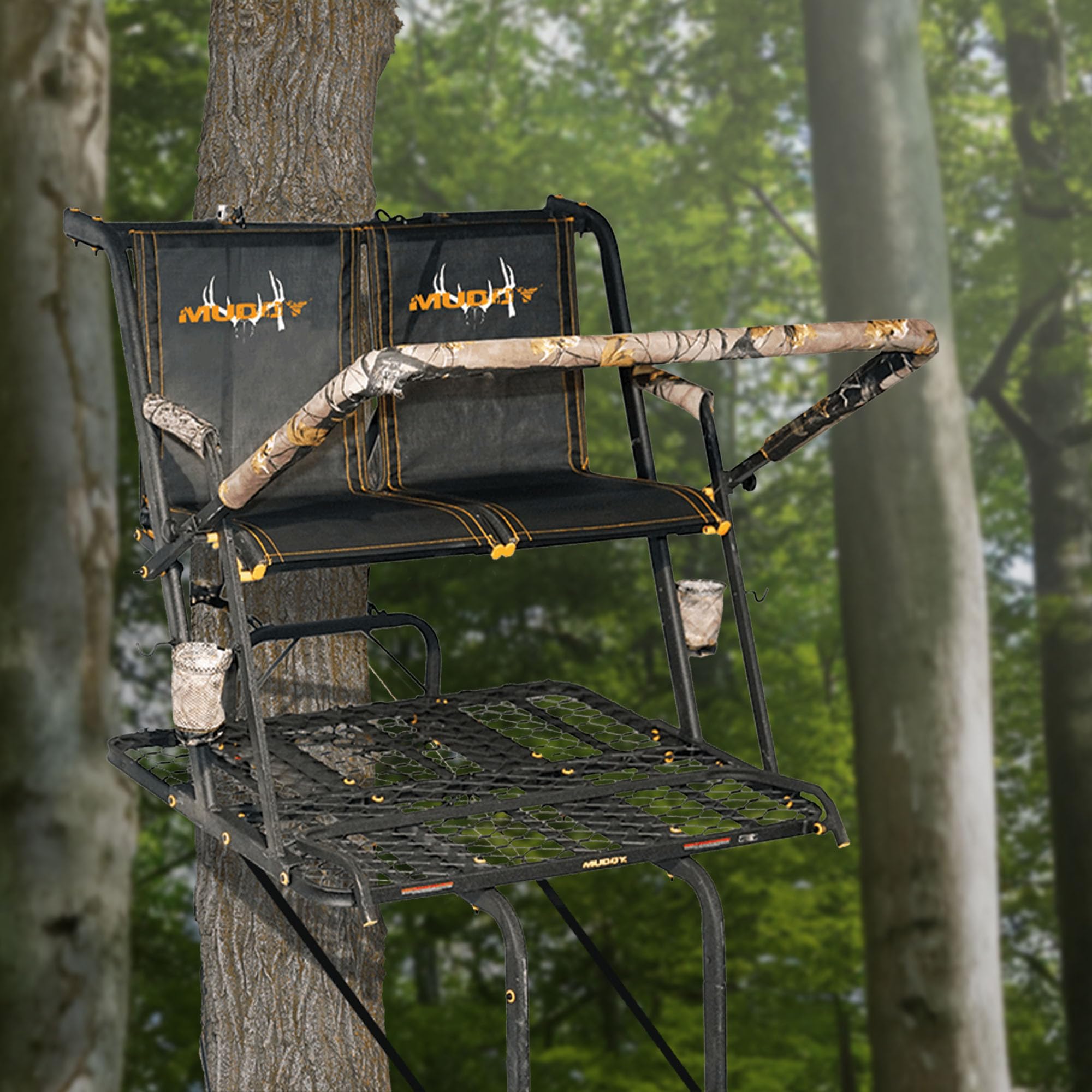 2-Person MUDDY Nexus XTL Steel Ladder Tree Stand, 20 ft Tall, 500 lb Capacity - Heavy-Duty Hunting Treestand with Flex-Tek Seat, Footrest, Padded Shooting Rail, Cup Holders & Safety Hooks