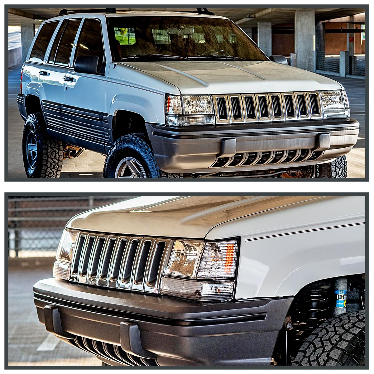 Chrome Housing Clear Lens Headlights + Bumper Lights + Corner Lamps SPEC-D TUNING Compatible with 1993-1996 Jeep Grand Cherokee, Left + Right Pair Headlamps Assembly