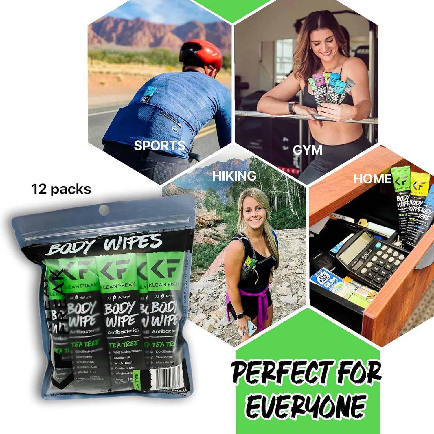 The Body Wipes Klean Freak - 12 count Individually Wrapped | Showerless Body Wipe for Women & Men | Sustainable Bodywipes for Gym, Travel, Camping | Tea-Tree