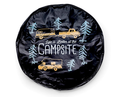 Camco Spare Tire Cover Life is Better at The Campsite Camper/RV | Features a Vibrant Fade Resistant RV Camping Themed Design & Crafted of Durable Vinyl with an Elastic Hem | Fits 29" Wheels (53293)